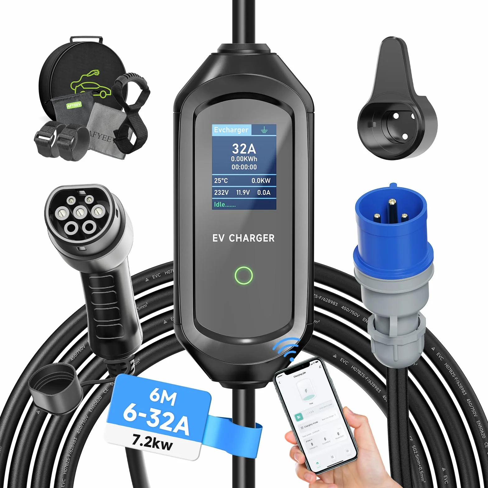 Ładowarka samochodowa elektryczna, 7,2kW/6M, ładowarka samochodowa typu 2, z regulowanym prądem 6A/8A/10A/13A/16A/20A/24A/32A, EV Typ 2, IEC 62196-2 z torbą