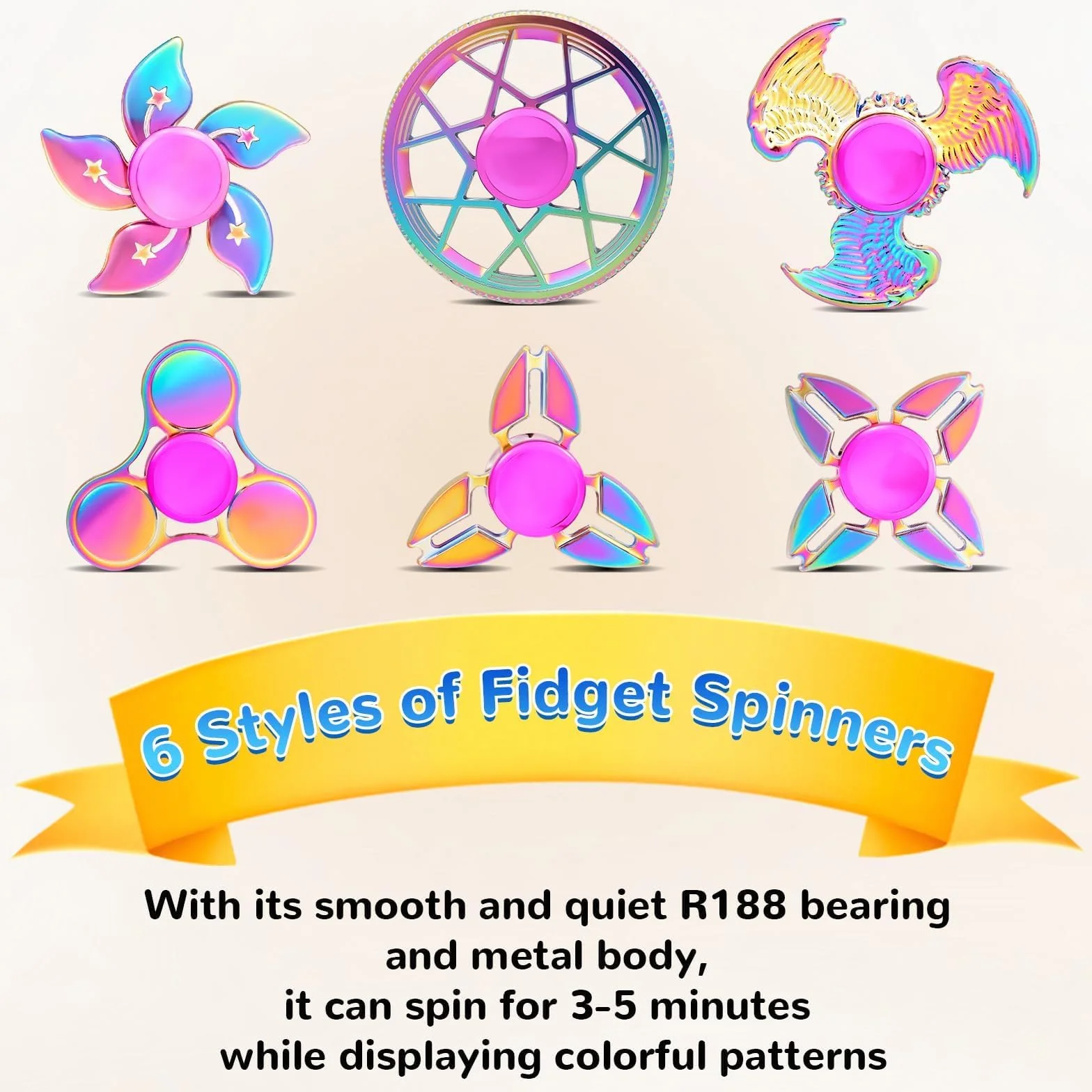 SCIONE Zestaw 6 metalowych fidget spinnerów - Premium zabawki sensoryczne na ADHD i łagodzenie niepokoju | Ciche zabawki dla dzieci i dorosłych | Prezent urodzinowy i imprezowy