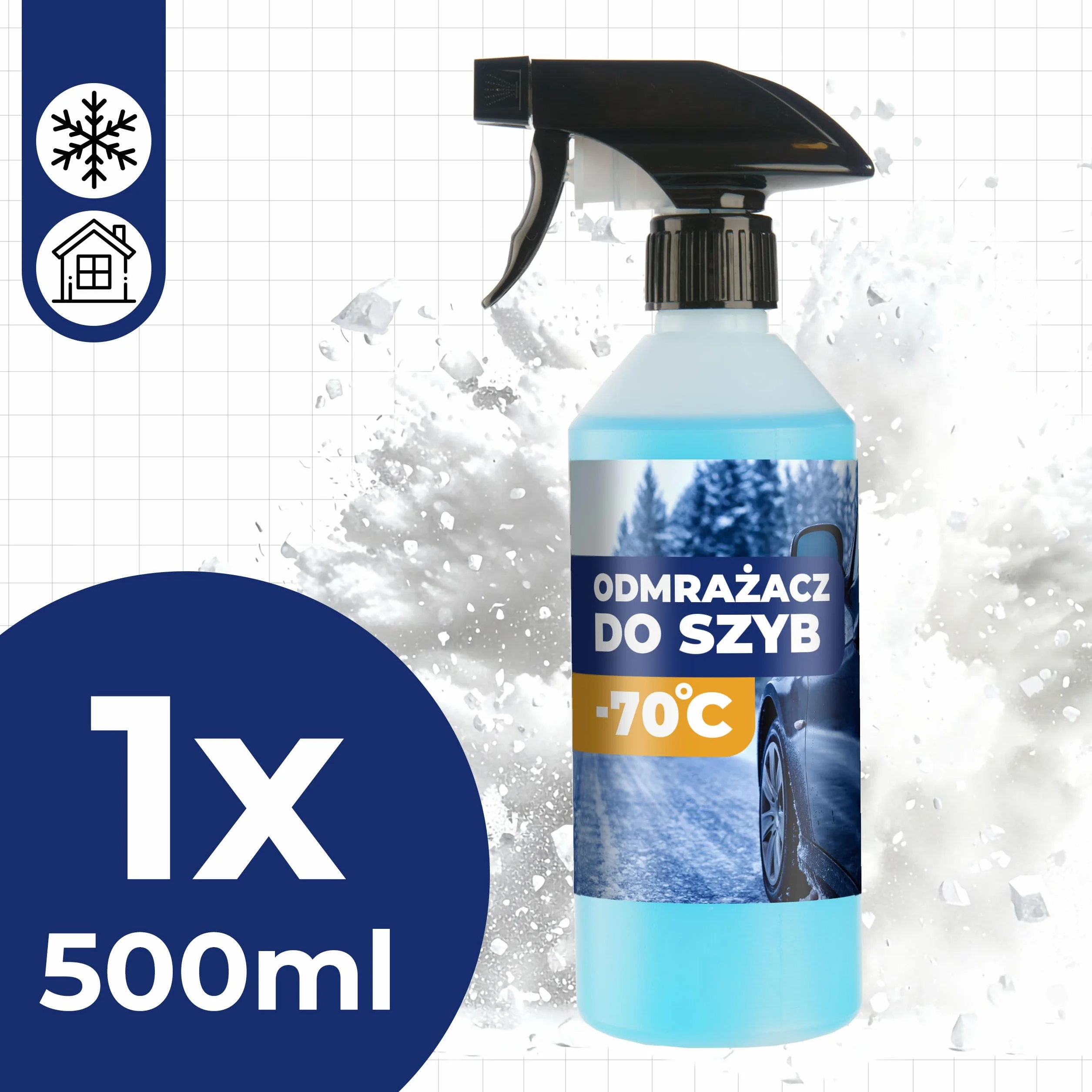 Odmrażacz do szyb -70°C w sprayu 500 ml, szybko rozpuszcza lód i szron, bezpieczny dla lakieru i plastiku