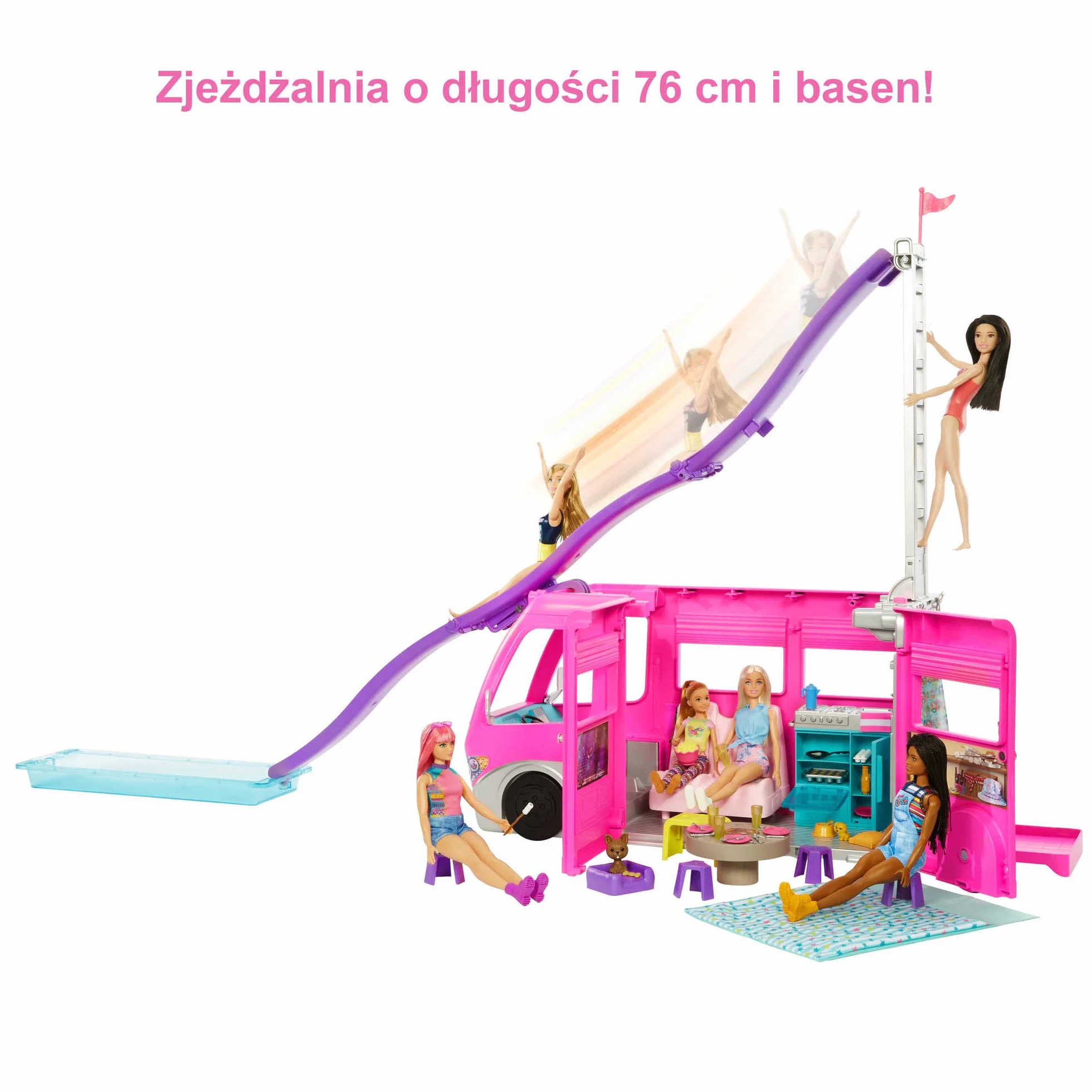 Barbie Dreamcamper Zestaw z kamperem z obracającymi się kółkami, 7 obszarami zabawy, basenem, zjeżdżalnią i ponad 60 akcesoriami kempingowymi, prezent dla dzieci od 3 roku życia, HCD46