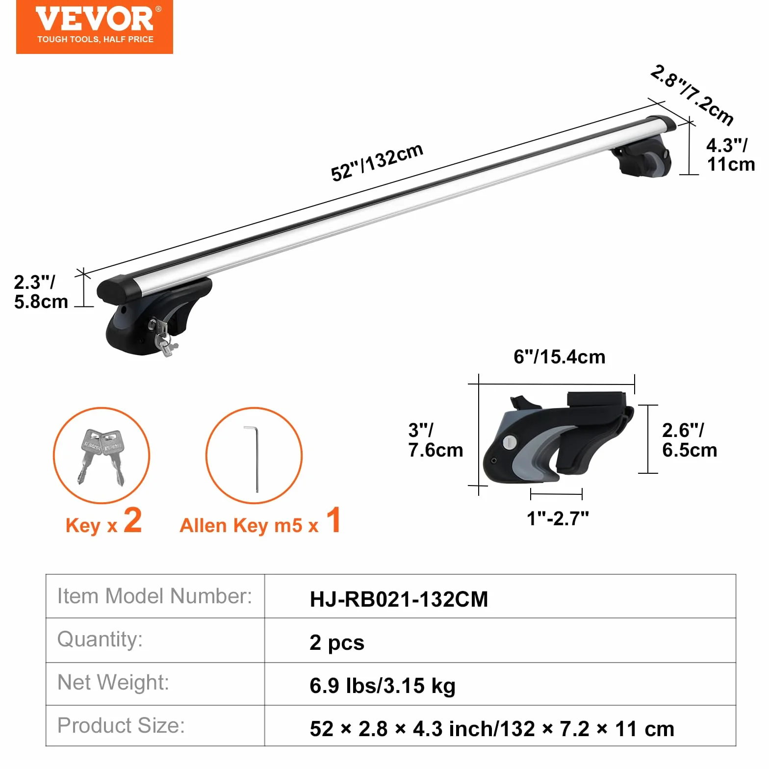 VEVOR Uniwersalny bagażnik dachowy 132 cm aluminiowy regulowany z zamkami do SUV sedana