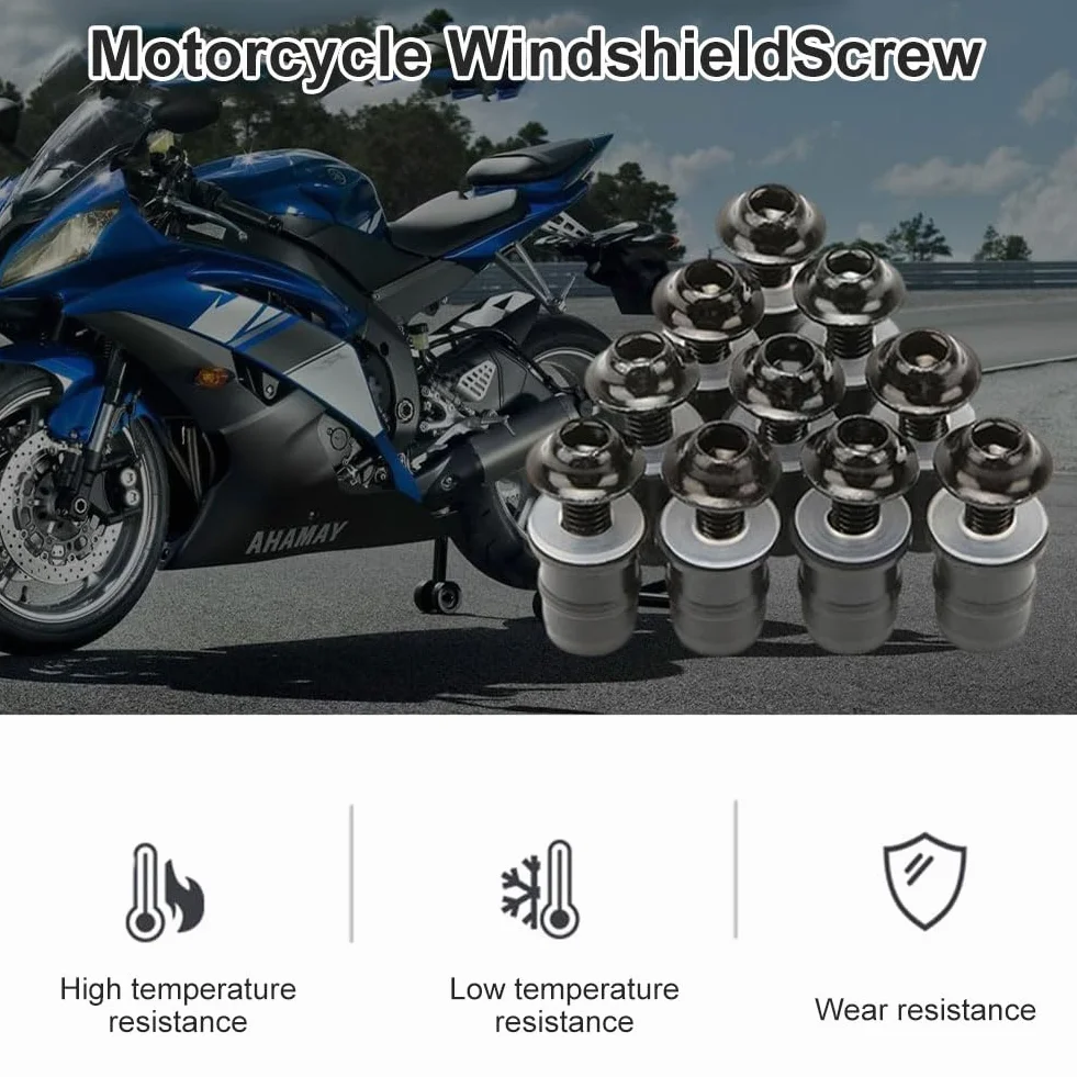 Comioke Śruby mocujące do szyby motocyklowej, M5 x 16 mm, śruby do szyby przedniej, 10 sztuk śrub i śrub do przedniej szyby, wkrętaka, osłony przed wiatrem