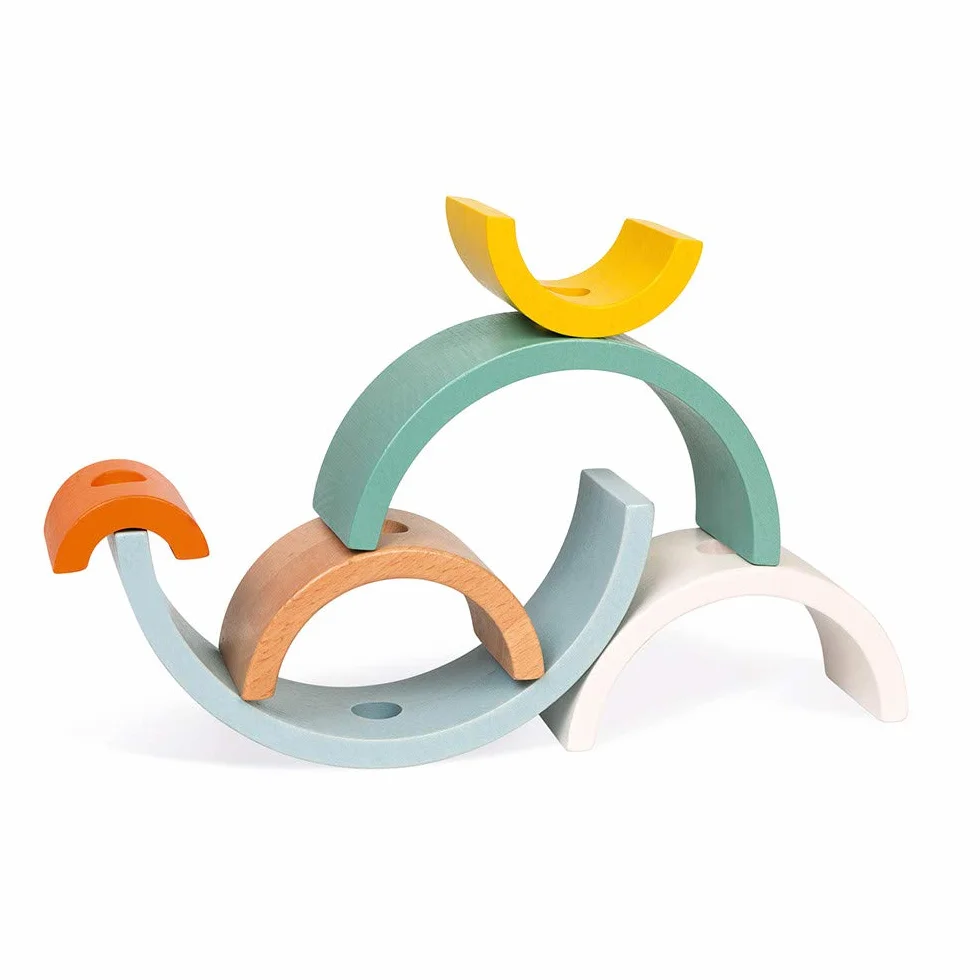 Janod - Wooden Sweet Cocoon Rainbow Turtle - Original Early Learning Game, 6 Stackable Arcs Of Circles - 1st Learnings - Turtle to Pull - Wooden Toy, Water Based Paint - from 18 Months Old, J04405