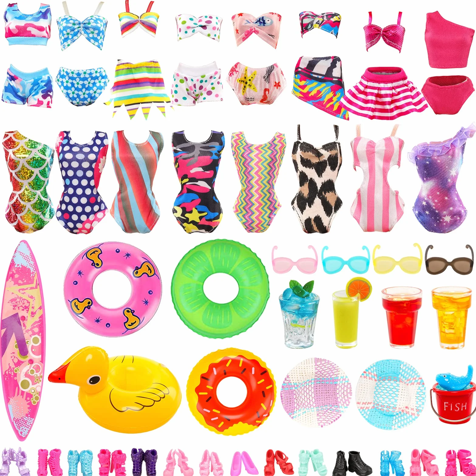 Miunana 31 ubranek dla lalek, akcesoria dla lalek, 10 kostiumów kąpielowych, bikini, 2 koła do pływania, 10 par butów, 9 akcesoriów, kapelusz dla lalek 29 cm