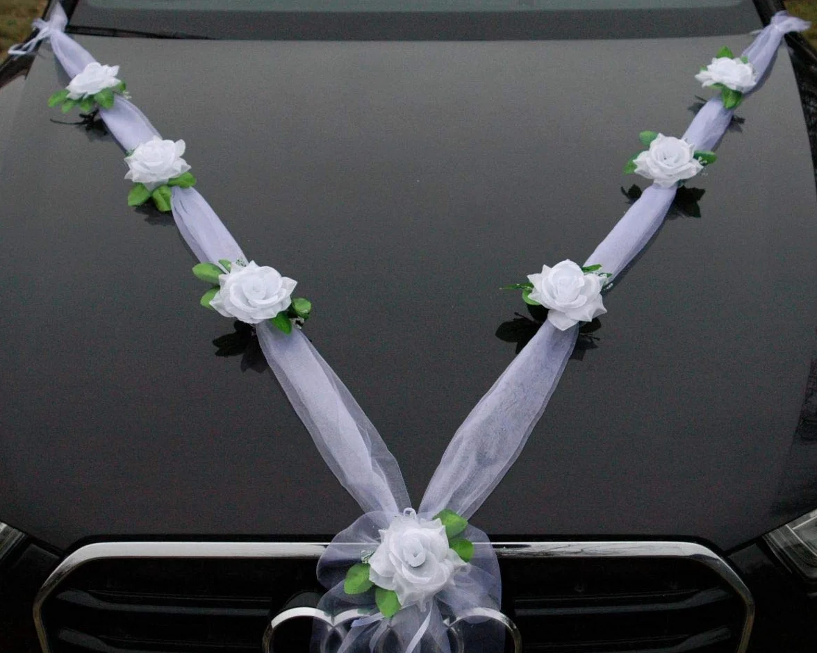 ORGANZA M Ozdoba samochodowa dla pary młodej, róża dekoracyjna, organza, M, na wesele, do samochodu, girlanda dekoracyjna do samochodów osobowych (biały/biały)