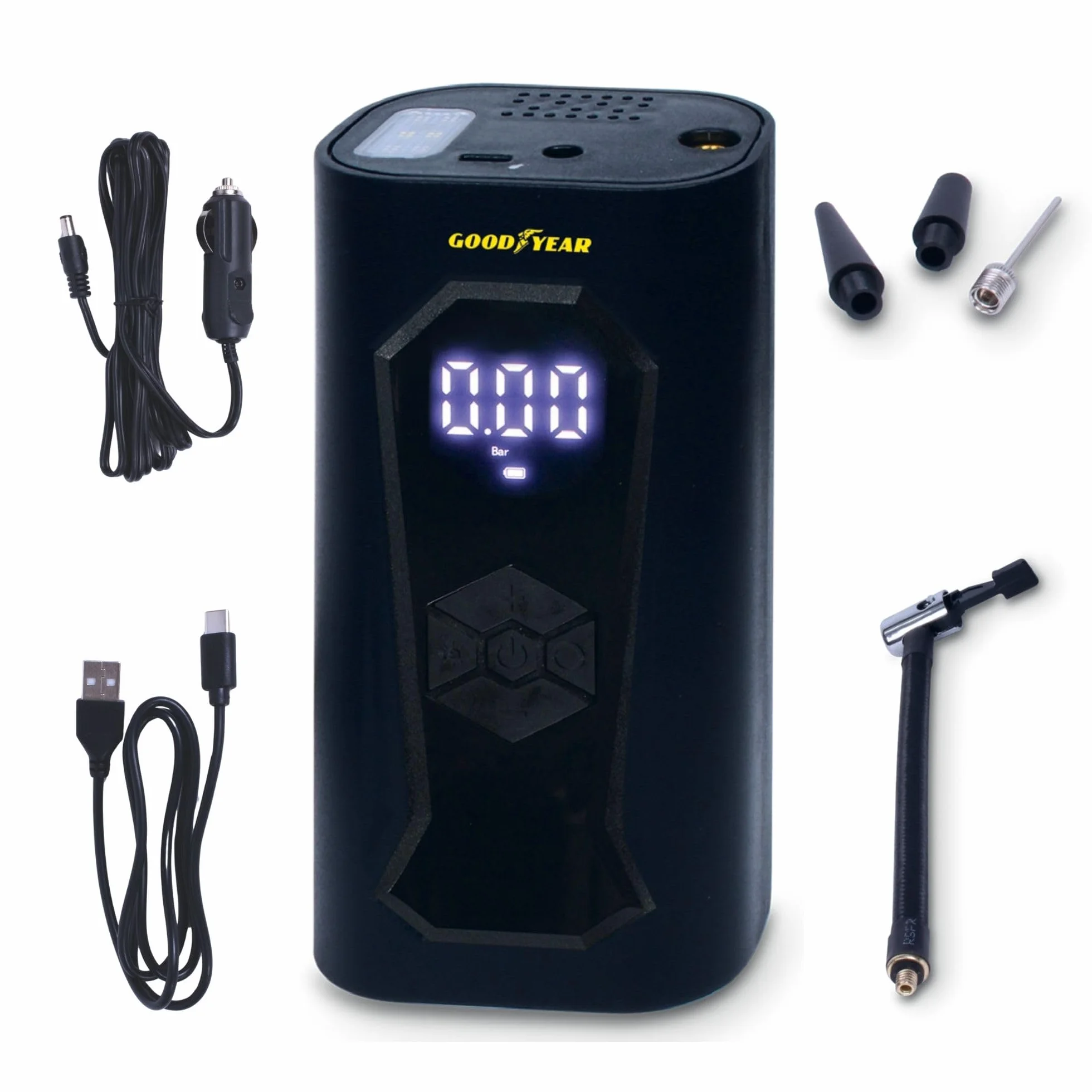 Goodyear Bezprzewodowy Kompresor 6000 mAh 5 w 1 Pompowanie Spuszczanie Powietrza Pomiar Ciśnienia Powerbank Latarka LED