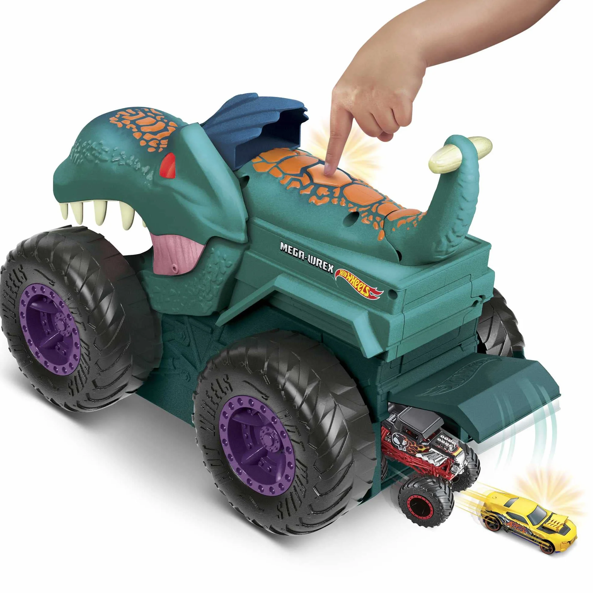 Hot Wheels Monster Trucks Pożeracz aut Mega Wrex Duży pojazd ze światełkami i efektami dźwiękowymi, „pożera” i „wypuszcza” metalowe autka i Monster Trucki w skali 1:64, od 4 roku życia, GYL13