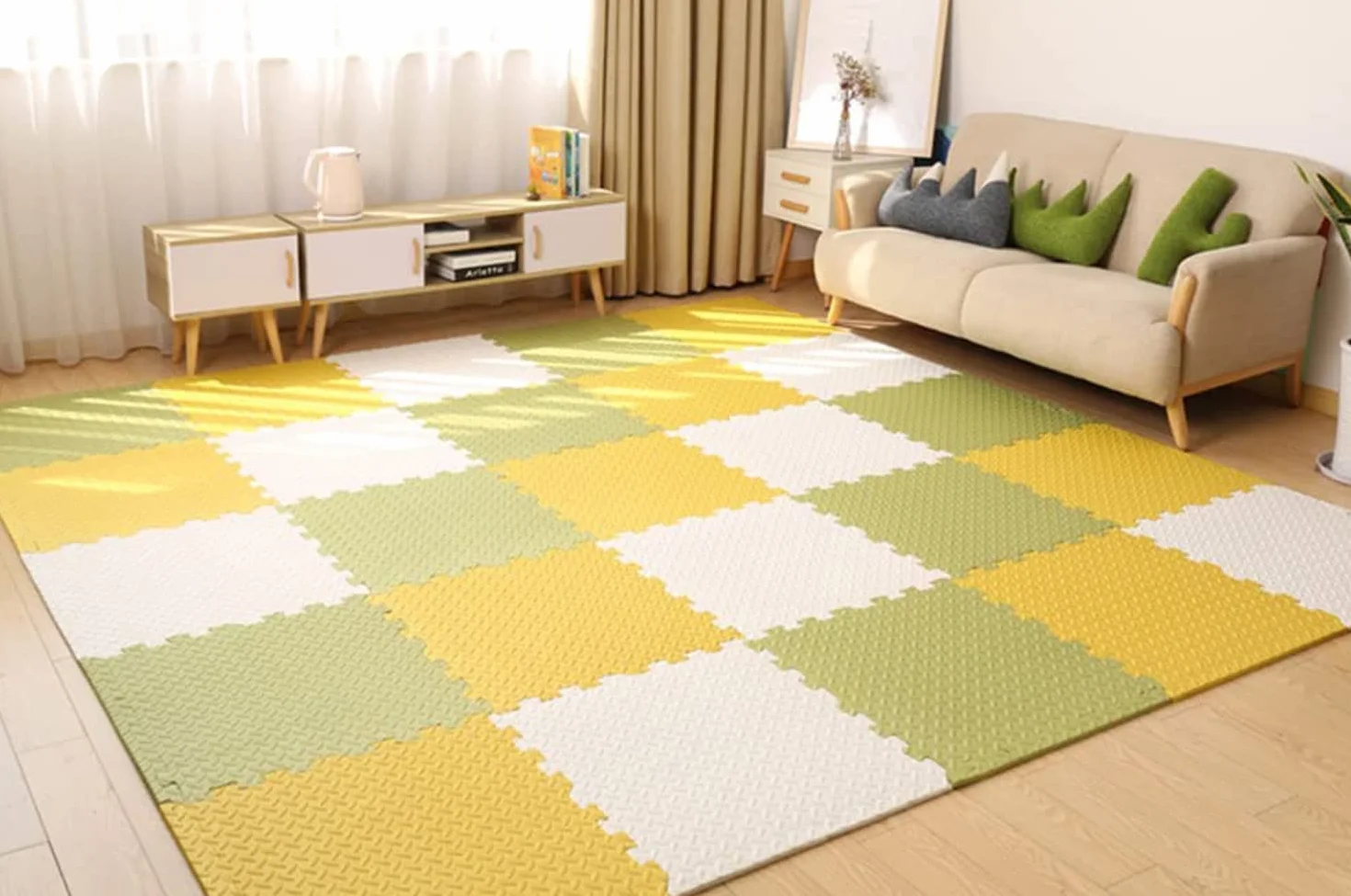 18 puzzli z pianki EVA, mata do raczkowania, mata do zabawy, antypoślizgowa mata ochronna, 30 x 30 x 1,2 cm, maty treningowe, maty do jogi, białe + żółte + zielone