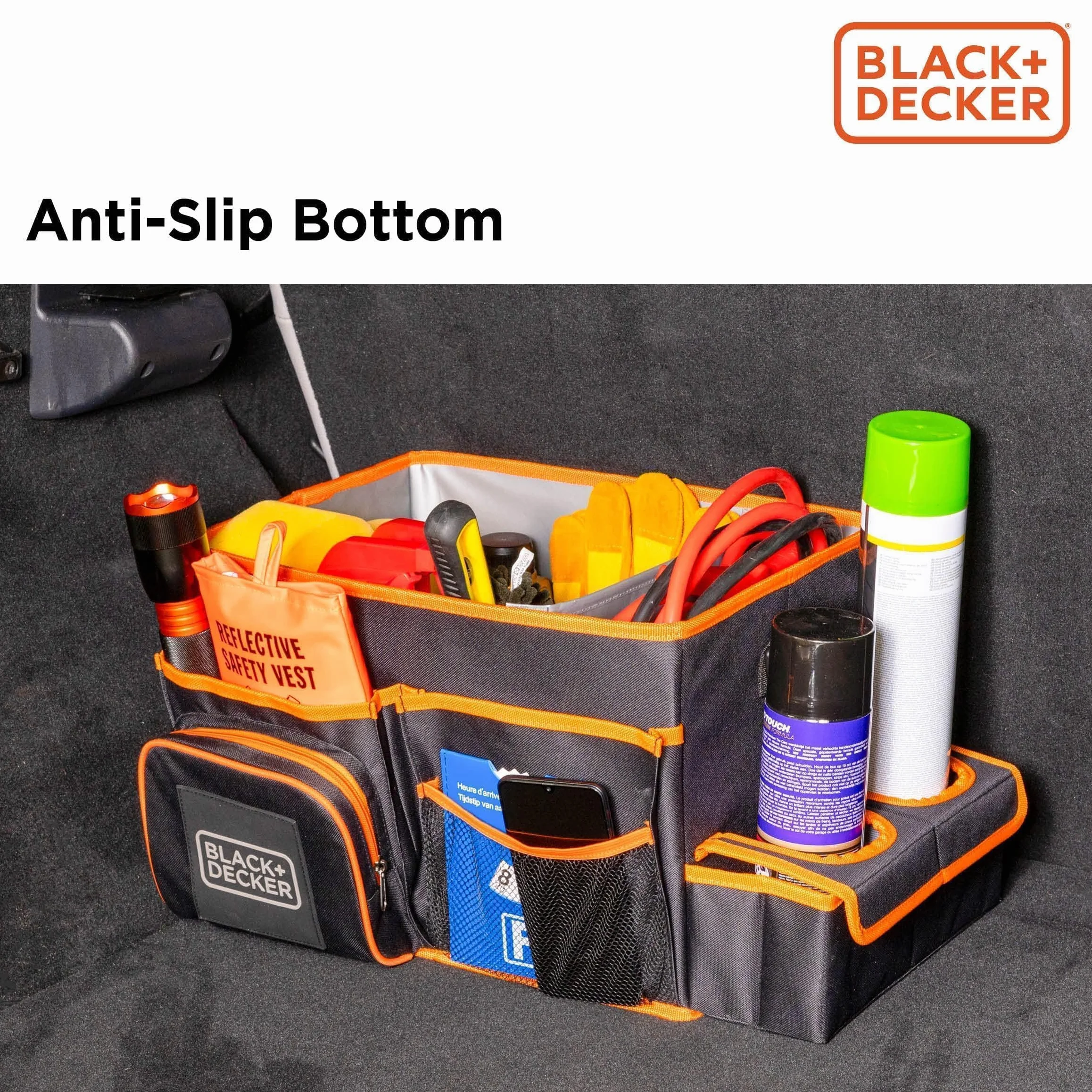 BLACK+DECKER Organizer do bagażnika 47,5x25x30 cm z paskiem do noszenia uchwyt na napoje szary pomarańczowy