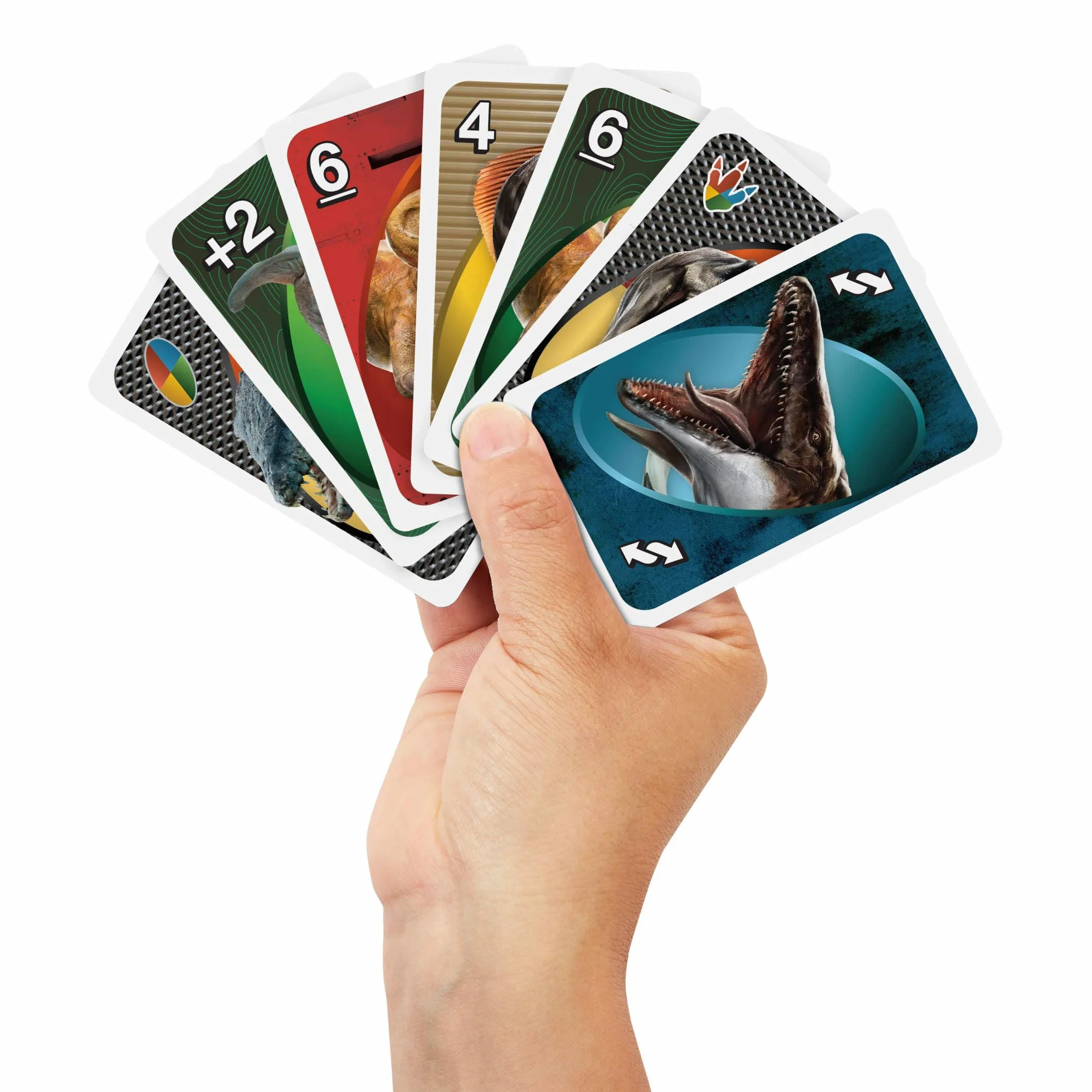 Mattel Games, Karty UNO Jurassic World Odrodzenie Gra karciana dla dzieci, rodzin i dorosłych na wieczór gier, talia z regułą specjalną i grafikami inspirowanymi filmem, JFT28