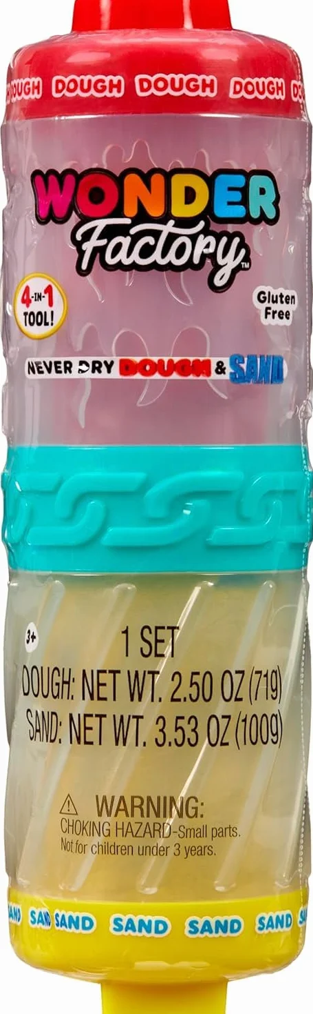 Wonder Factory Never Dry Dough and Sand Starter Set – Zawiera 1 Tubkę z 104 ml Piasku i 1 Tubkę z 74 ml Bezglutenowej Masy Plastycznej. Nigdy nie Wysycha, Zabawa Pełna Nieskończonych Możliwości