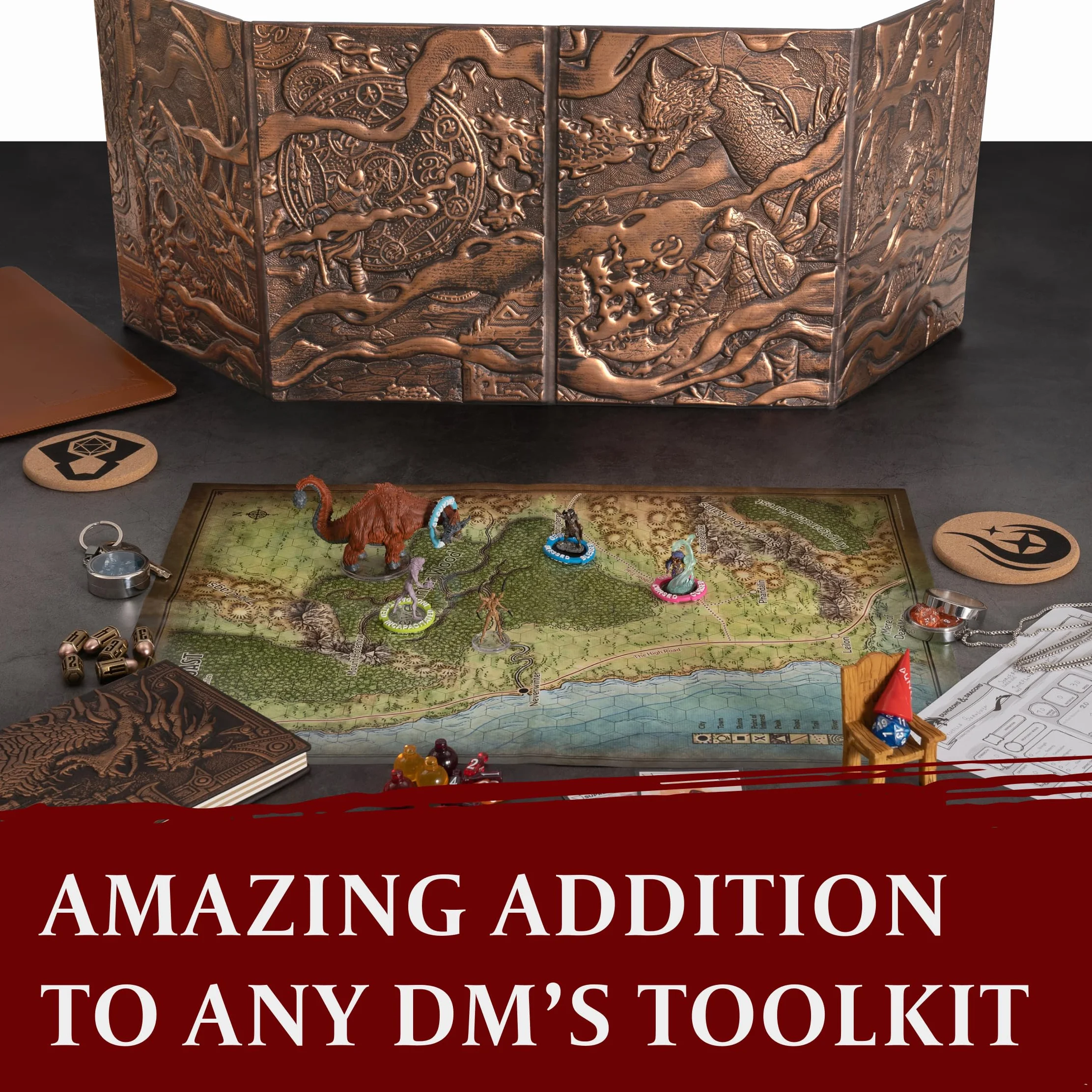DND DM Screen 5e - D&D Dungeon Master Screen 3D sztuczna skóra z konfigurowalnymi wkładkami - Dungeons and Dragons GM / Game Master akcesoria jako prezent dla mężczyzny lub kobiety. Ukryj swoje rzuty