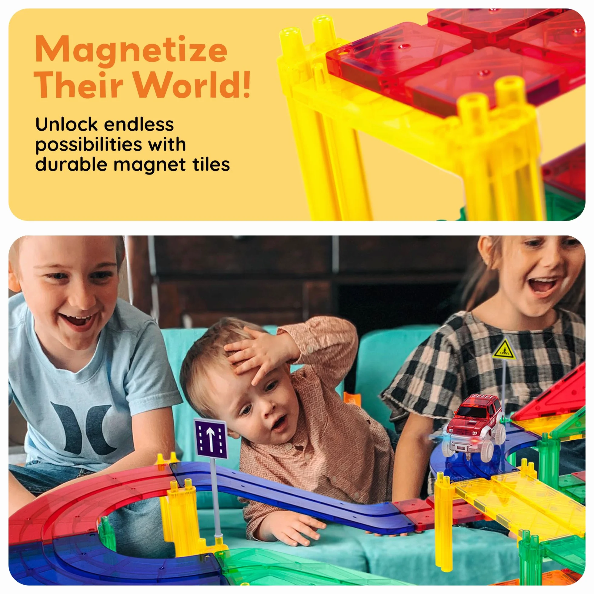 PicassoTiles Zestaw magnetycznych klocków z 2 diodami LED, z regulacją wysokości, znaki drogowe, edukacja, STEM, zestaw do budowania, zabawa, dla chłopców i dziewcząt, 100 szt