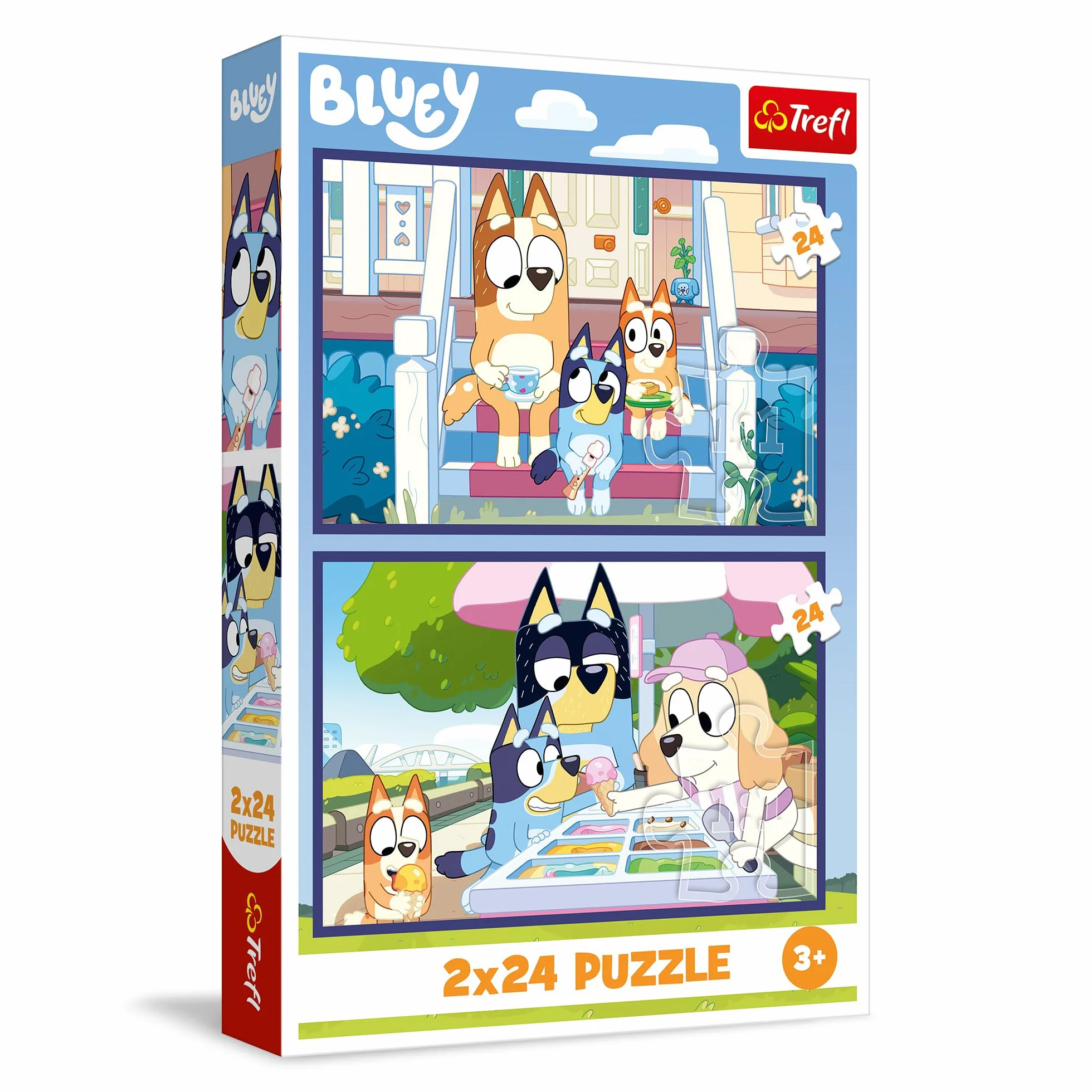 Trefl - Puzzle 2w1: Bluey, Zabawna Bluey - 2 x 24 Elementy, Zestaw Dwóch Układanek dla Dzieci od 3 lat
