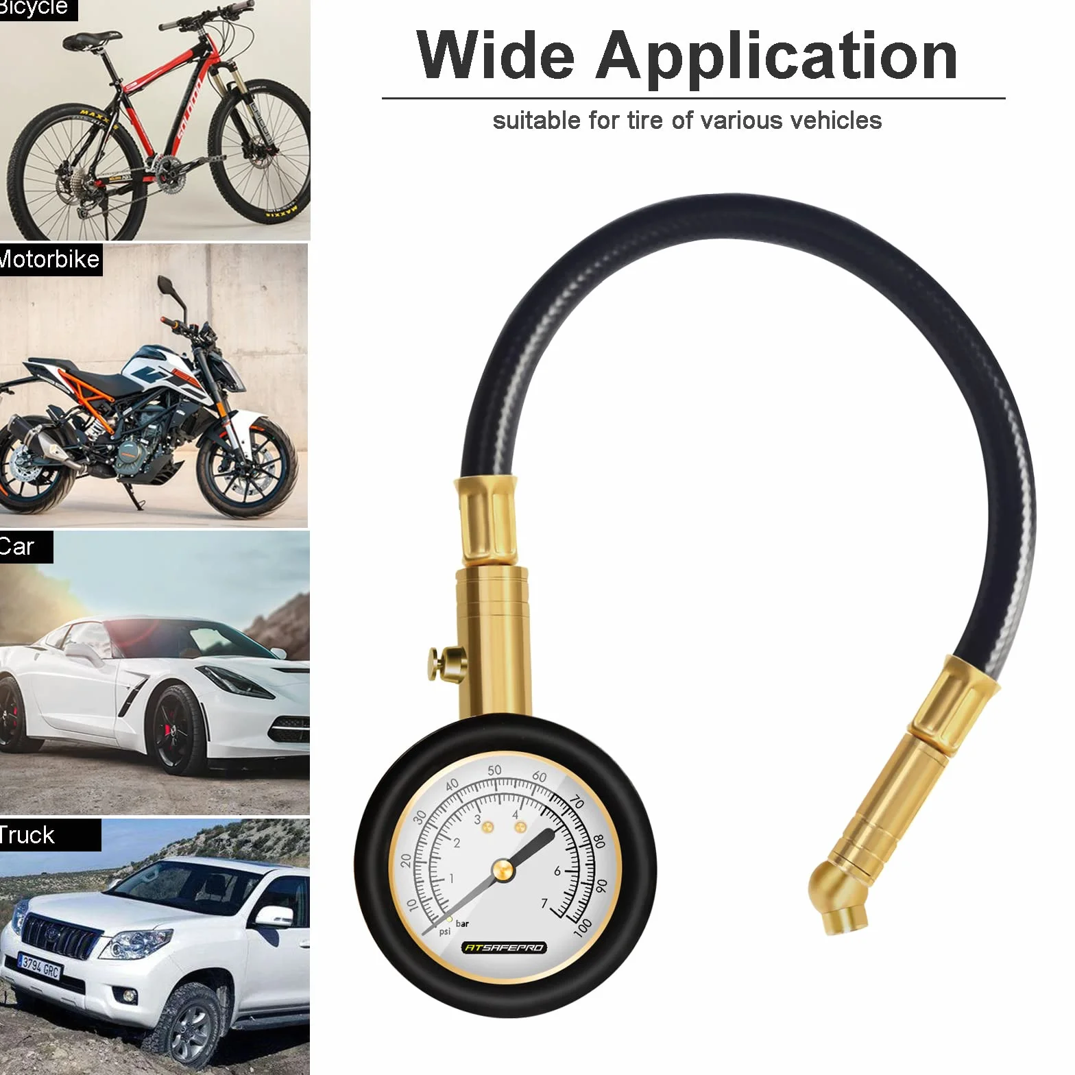 ATsafepro miernik ciśnienia w oponach 100psi 7bar dokładne wskaźniki ciśnienia w oponach samochodowych z elastycznym wężem świecąca tarcza mechaniczny miernik ciśnienia powietrza do zaworu schradera rower motocykl samochód SUV