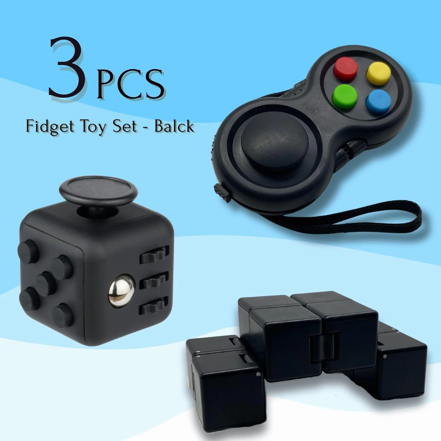 Yeefunjoy, kostka do gry fidget 3 sztuki, pad, kostka nieskończoności, reduktor stresu, ulga w lęku, koncentracja, sensoryczna, czarna, dla dorosłych, mała
