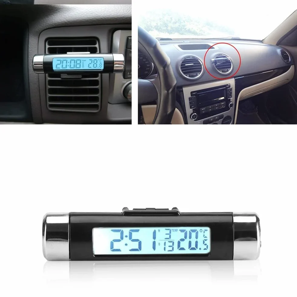 Cyfrowy Zegar Samochodowy Termometr LCD z Podświetleniem Kalendarz (niebieski)