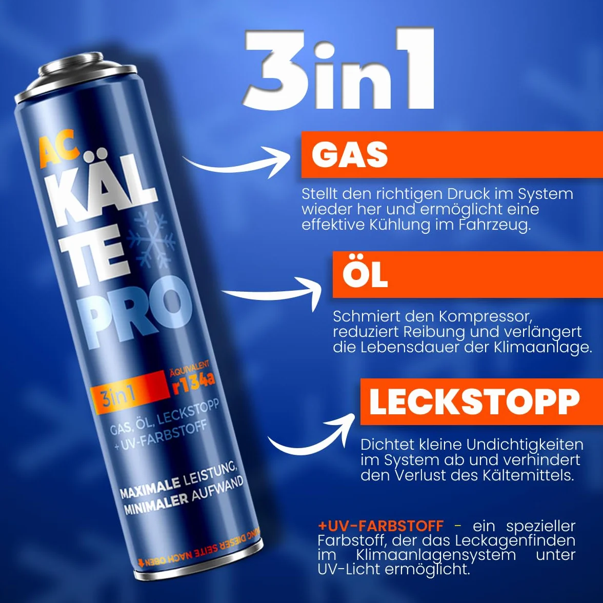 R134a Zamiennik Czynnika do Klimatyzacji - Kompletny Zestaw 3w1: Gaz, Uszczelniacz- Odpowiada 755g R134a (500ml) - Do Aut 1995–2016 (2 puszki + wąż)
