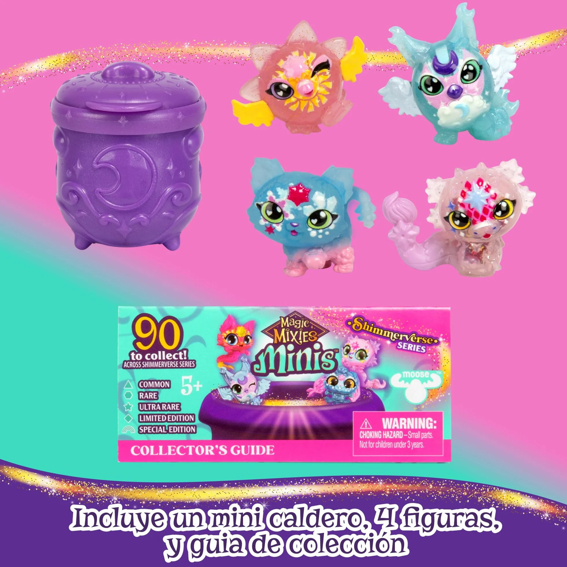 Magic Mixies - 4 Figurki Magic Minis, 90 Mikserów Podzielonych Na 5 Zestawów Kolekcjonerskich o Magicznych Umiejętnościach, 3 Lata+, Popularne, Rzadkie i Bardzo Rzadkie, Słynne