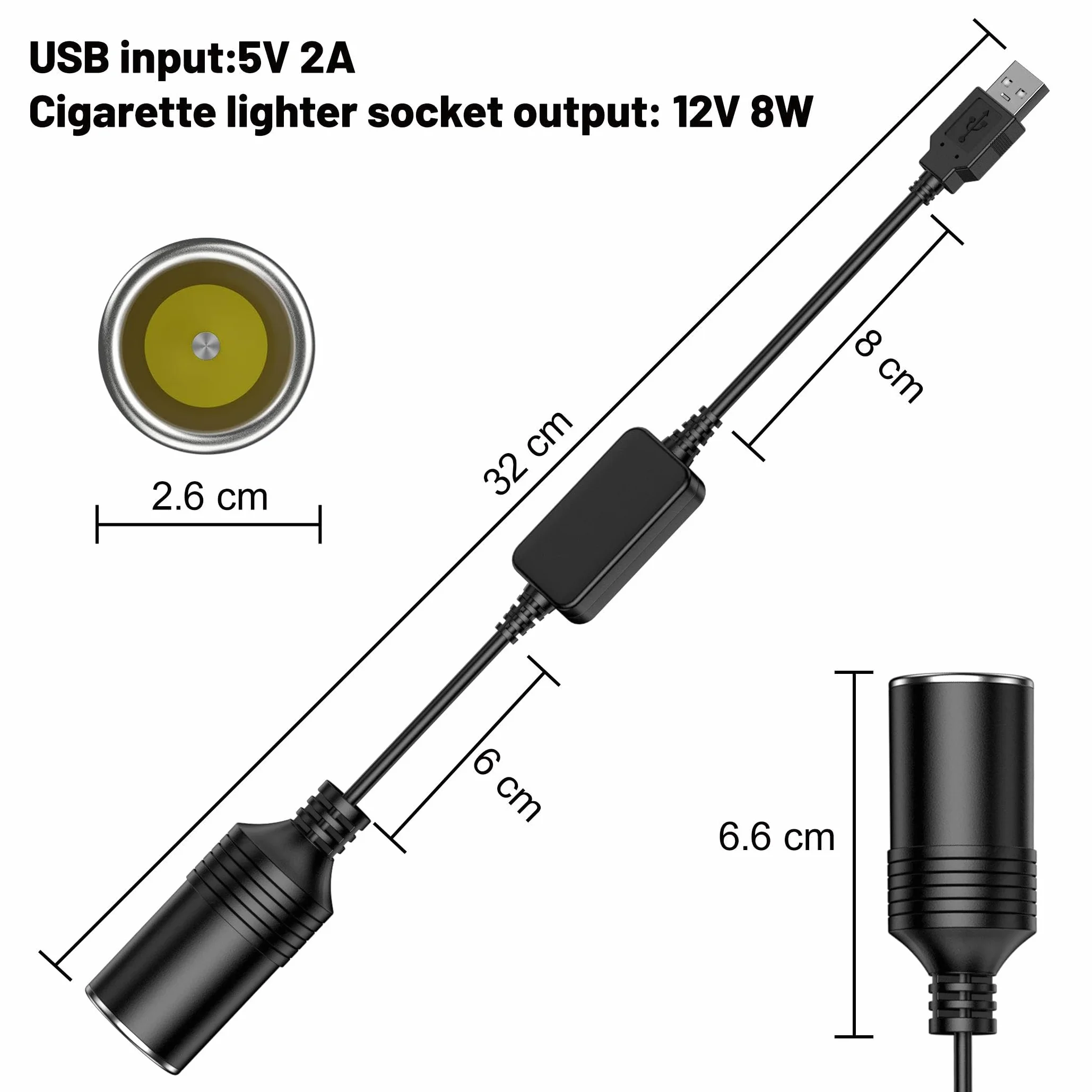 AUSYDE 5 V USB A męski na 12 V gniazdo zapalniczki samochodowej żeński konwerter przedłużacz kabel adapter przewód (poniżej 8 W) na zewnątrz, kemping i podróże