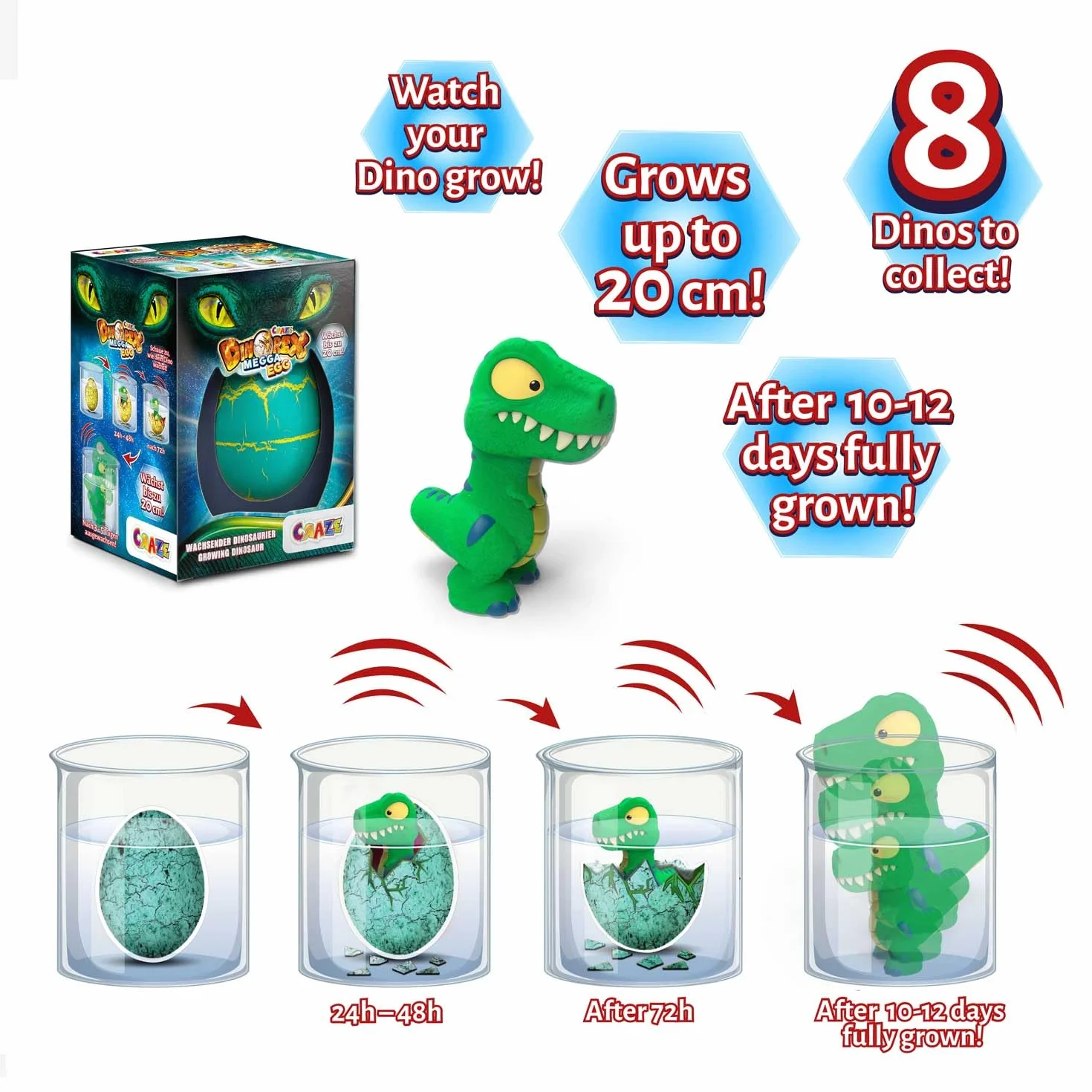 Craze Magic Growing Egg Dinoei Dino jaja wylęgające się w wodzie - jajko z dinozaurami do wkładania do wody, XXL, 41895