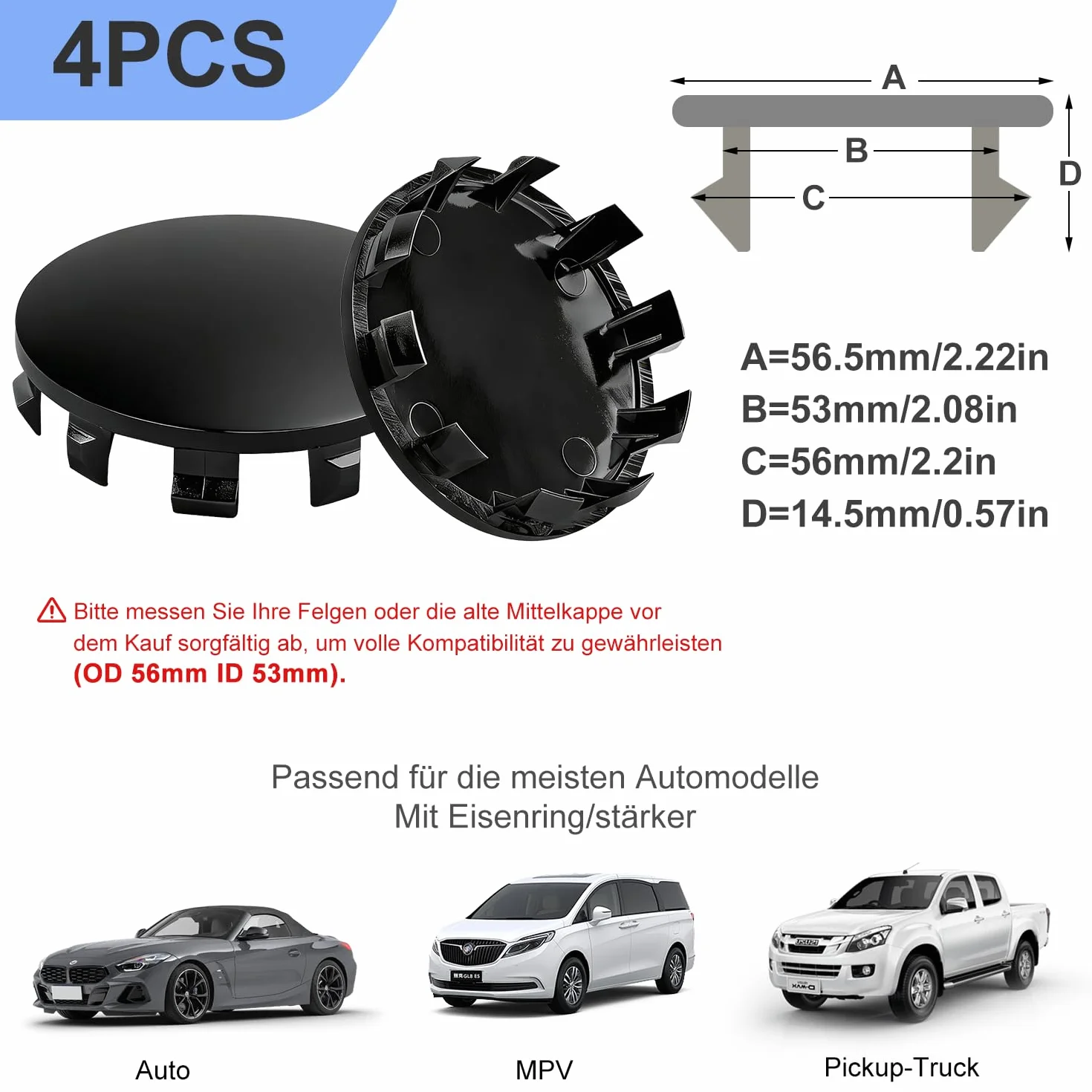 Nakładki na piasty kół OD 56 mm ID 53 mm, czarne, uniwersalne kołpaki kół, tworzywo ABS, akcesoria samochodowe, 4 szt