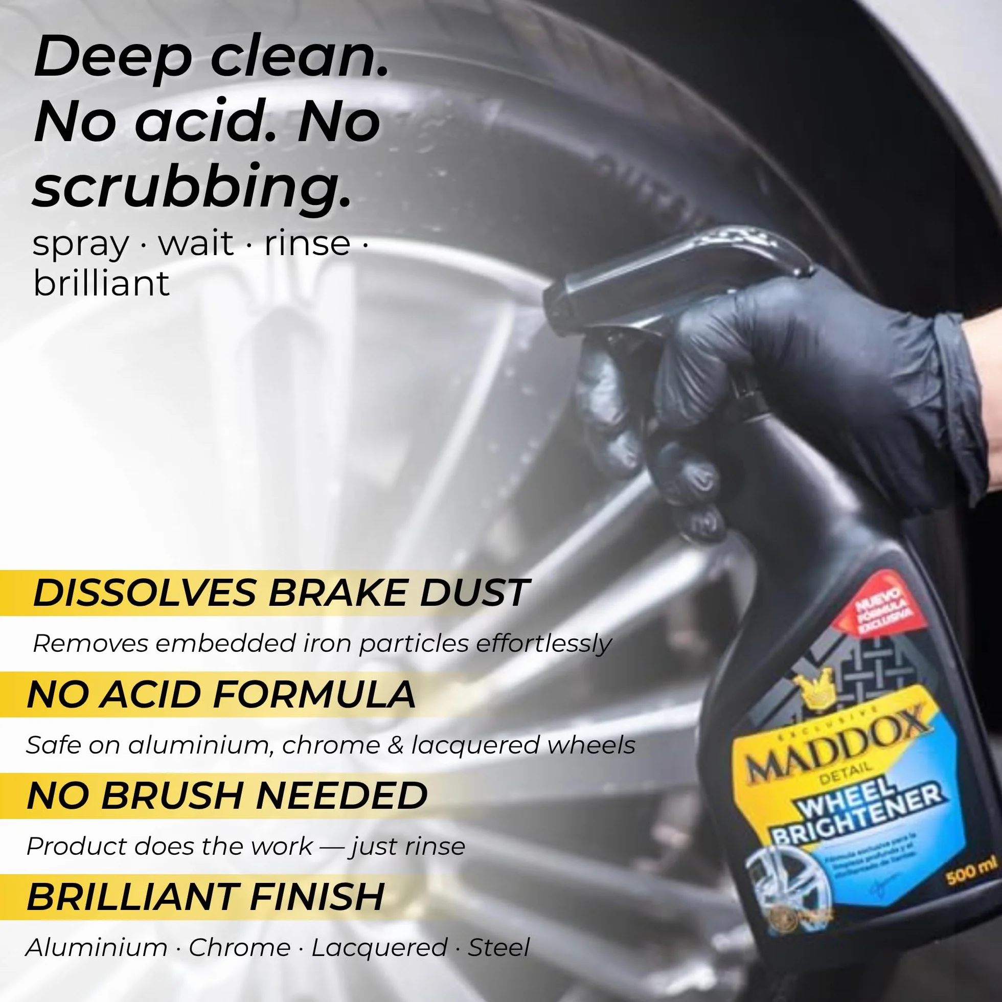 Maddox Detail - Wheel Brightener 500 ml | środek do czyszczenia felg bez kwasu | odtłuszcza, czyści i nadaje połysk w jednym kroku, trwała ochrona przed warunkami atmosferycznymi i brudem,