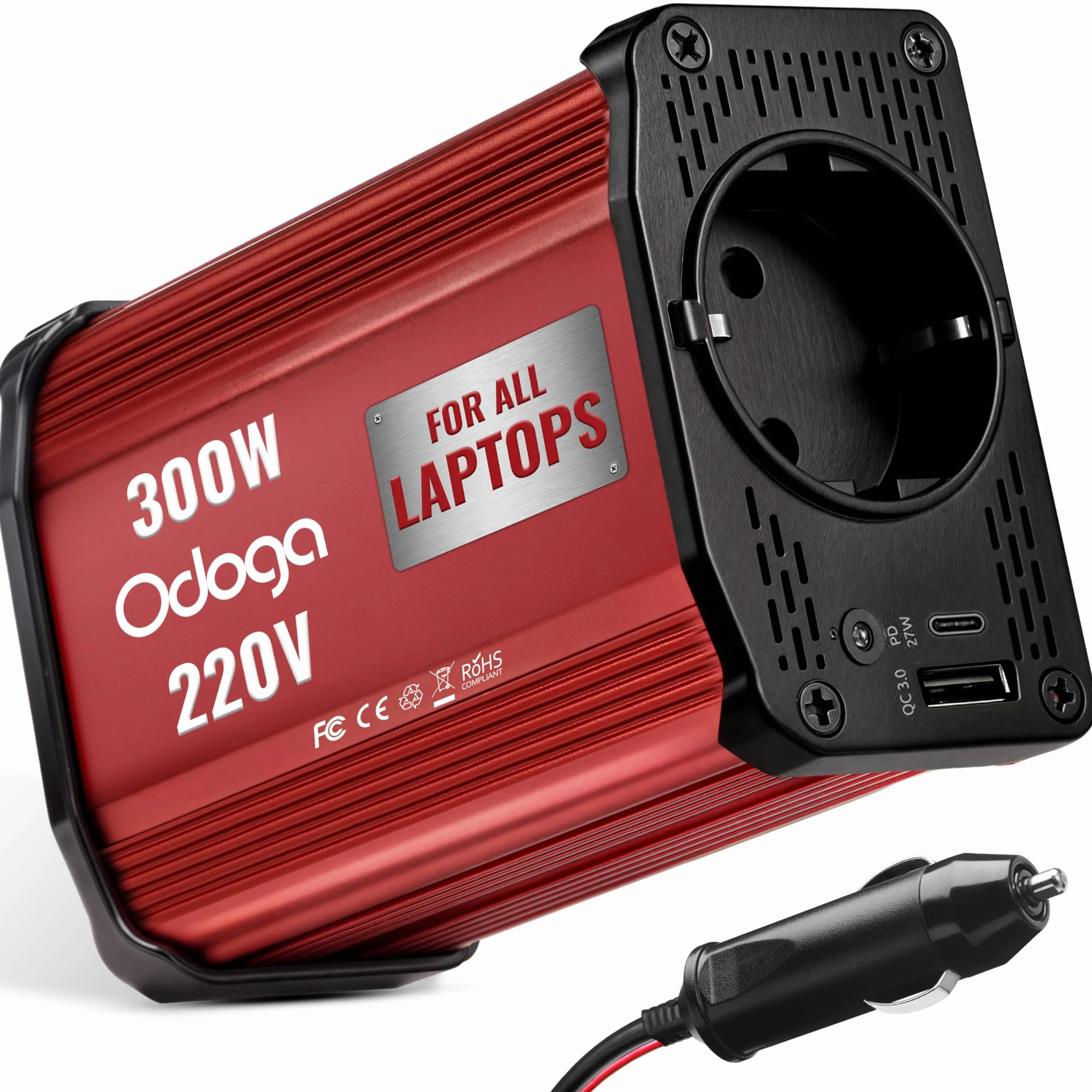 Odoga Falownik samochodowy 300 W 12 V na 240 V / 230 V, podwójne porty ładowania USB 4,8 A – ładuj laptopa, iPada, iPhone'a, tablet, konsole i trwalsze i wydajne, czerwony aluminiowy korpus