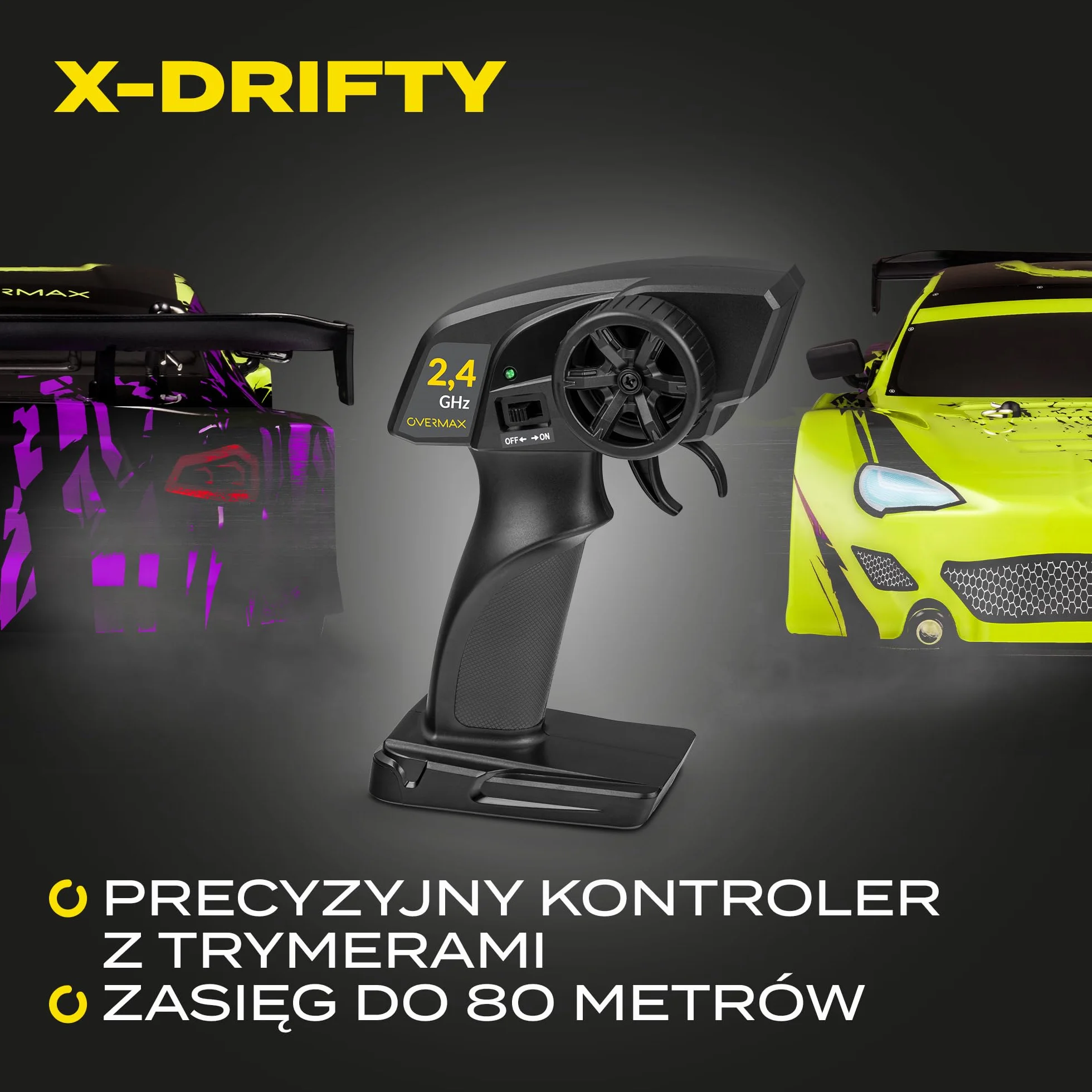 OVERMAX X-Drifty Zdalnie Sterowany Samochód RC dla Dzieci 3+, Auto do Driftu 1:16, 20 km/h, Zasięg do 80 m, napęd 4WD, 2 Baterie 500 mAh Zestaw Kół, Zestaw Przeszkód Naklejki
