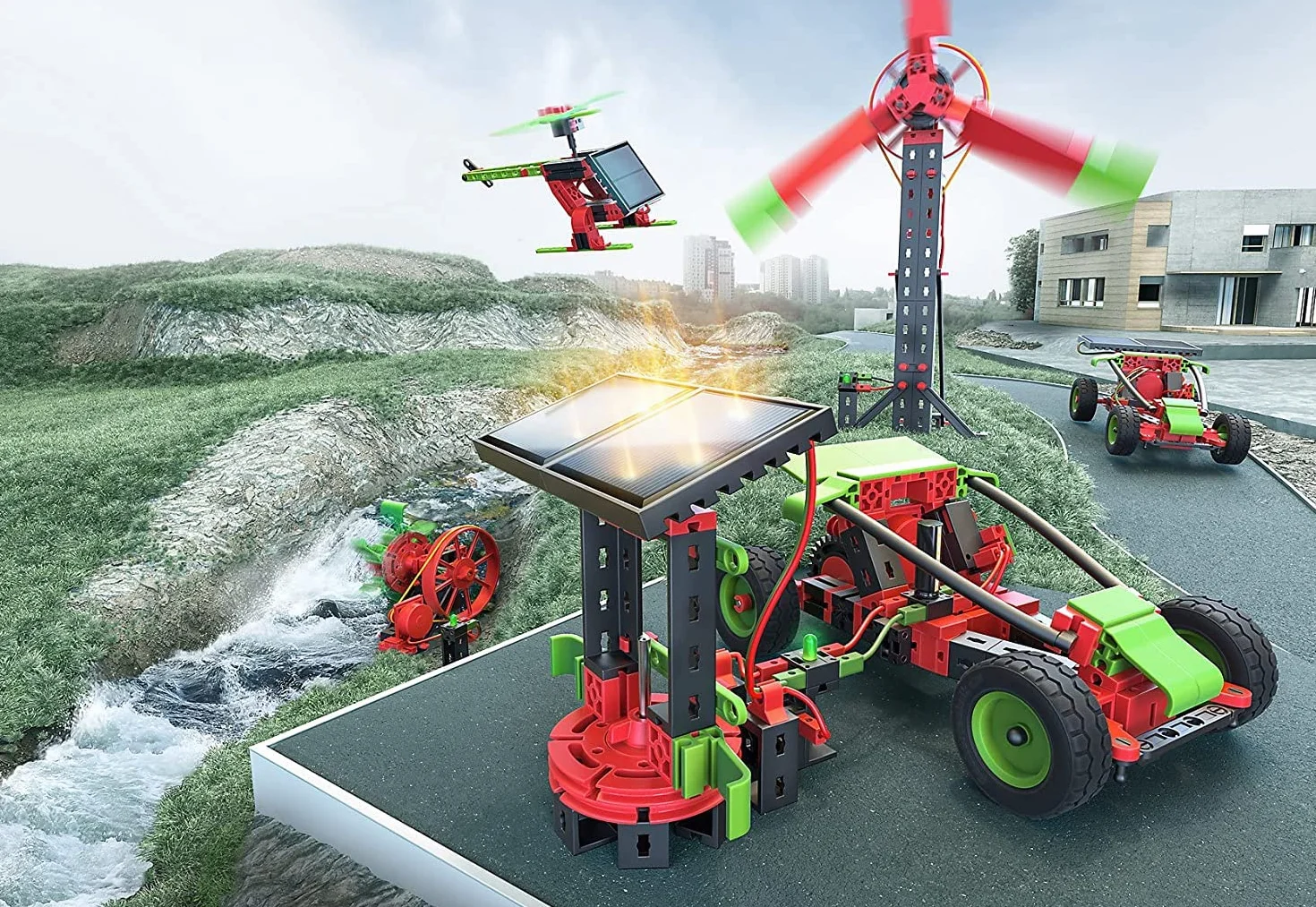 fischertechnik 559879 PROFI Green Energy – zestaw do montażu dla dzieci od 9 lat, skrzynka eksperymentalna dla energii słonecznej, wiatrowej i wodnej, w zestawie moduły słoneczne i silnik solarny