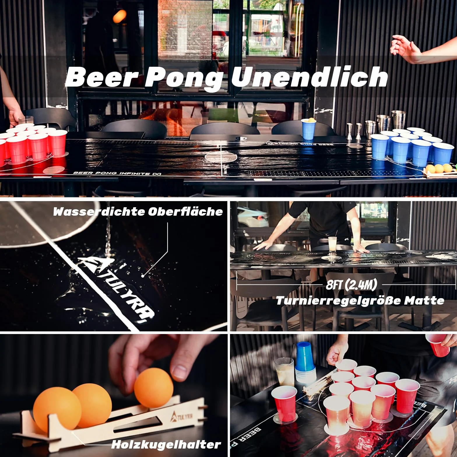 Zestaw kubków do piwnego ponga, mata stołowa na 8 stóp, stół do ponga piwnego, gra do picia dla dorosłych, w zestawie drewniany haiter kuga, 12 piłek do ponga piwnego, 24 plastikowe kubki,