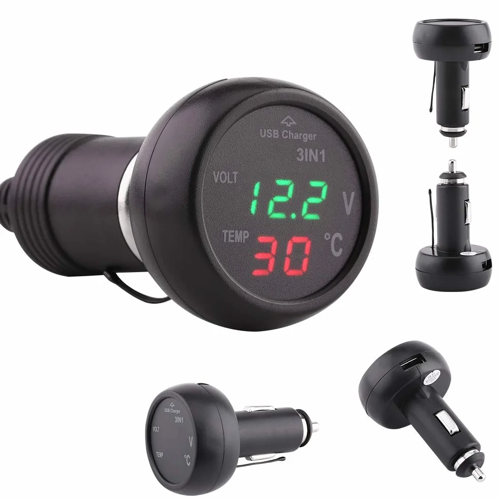 KIMISS Podwójny wskaźnik LED napięcia i temperatury do zapalniczki samochodowej z USB, zielony i czerwony