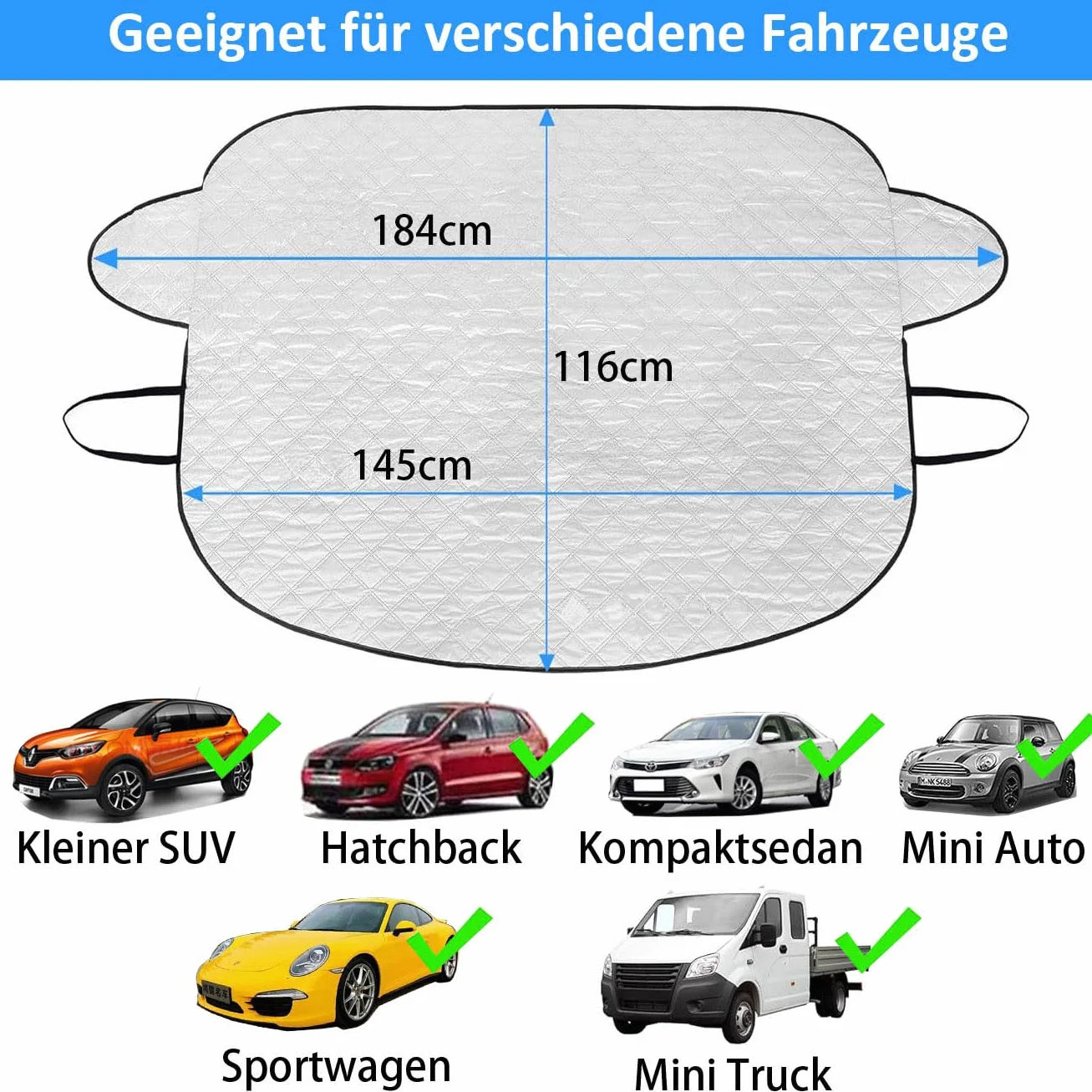 Osłona przedniej szyby samochodowej, bardzo gruba osłona przedniej szyby samochodowej, ochrona przed śniegiem, lodem, mrozem, promieniowaniem UV, kurzem (145 x 116 cm)
