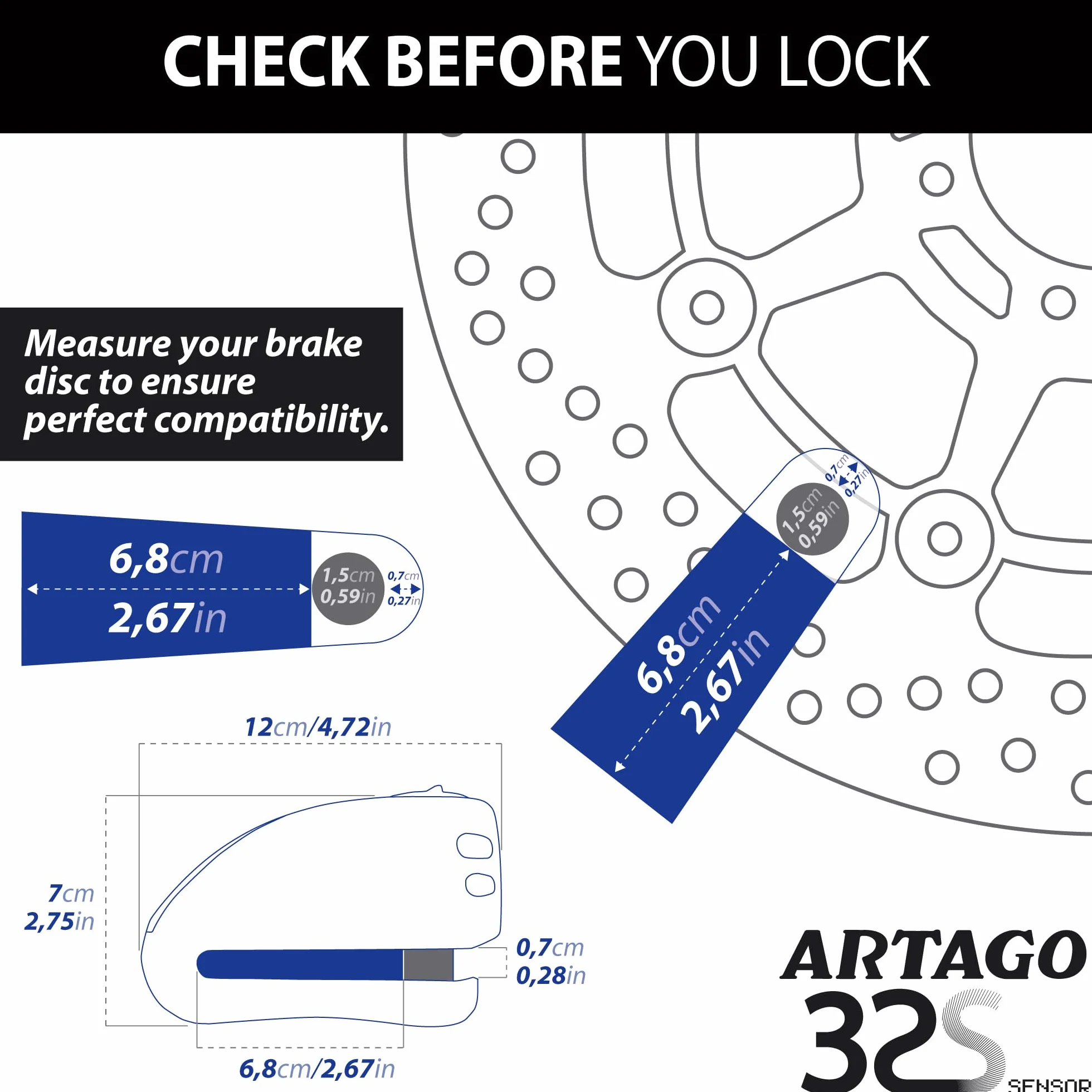 Artago 32 Blokadą Tarczy Hamulcowej Motocykl, Alarm Don't Touch 120 dB, Wysoka Jakość ø15 S.A.A. Zamek, Homologowany SRA, stal nierdzewna