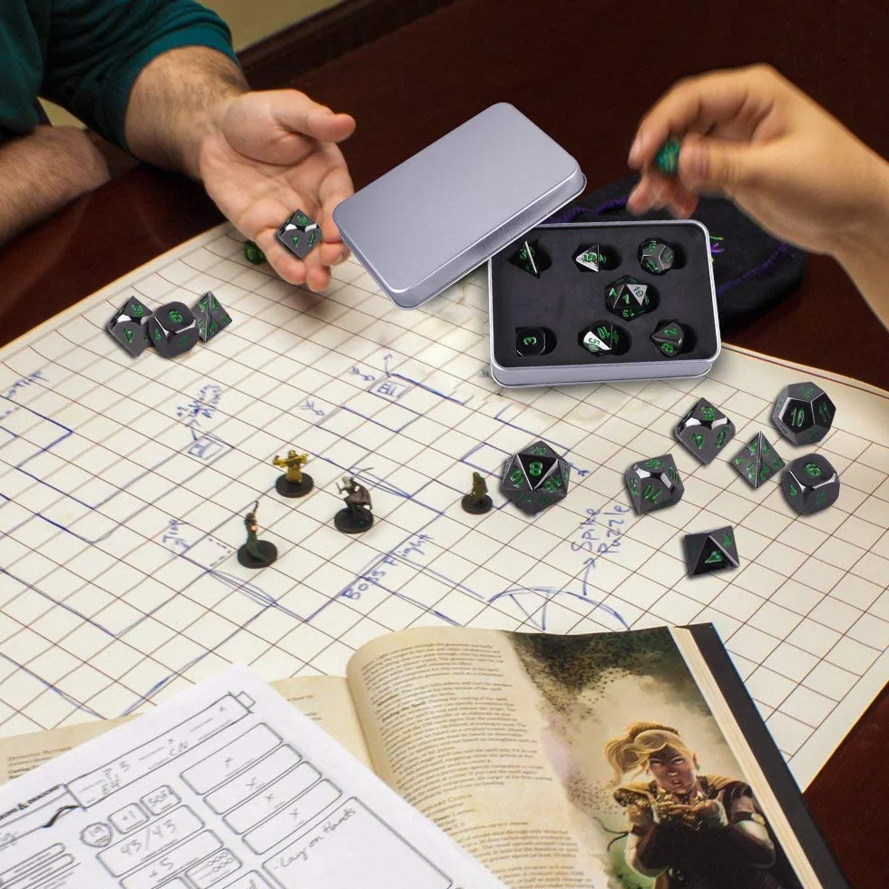 SIQUK Metalowe kości wielościenne 7-matrycowe z metalową obudową do Dungeons and Dragons RPG Dice Gaming D&D i nauczanie matematyki
