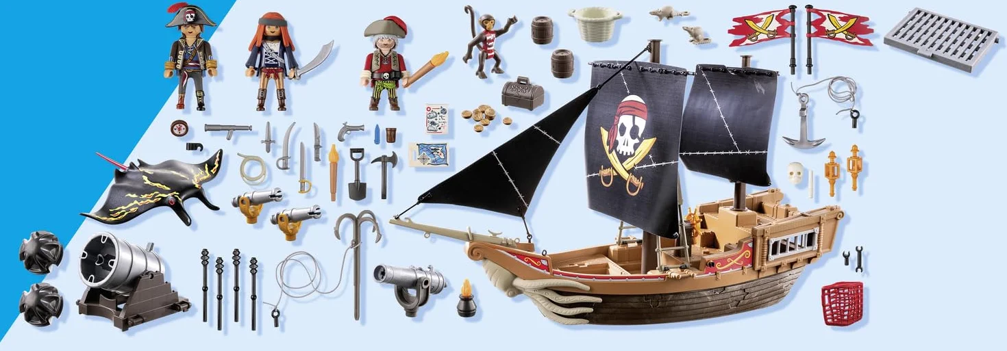 PLAYMOBIL Pirates 71530 Duży statek piracki, bitwa morska i tajne poszukiwanie skarbów w głębinach morzach, w zestawie armaty, pociski i kotwica, odpowiednie dla dzieci od 4 roku życia