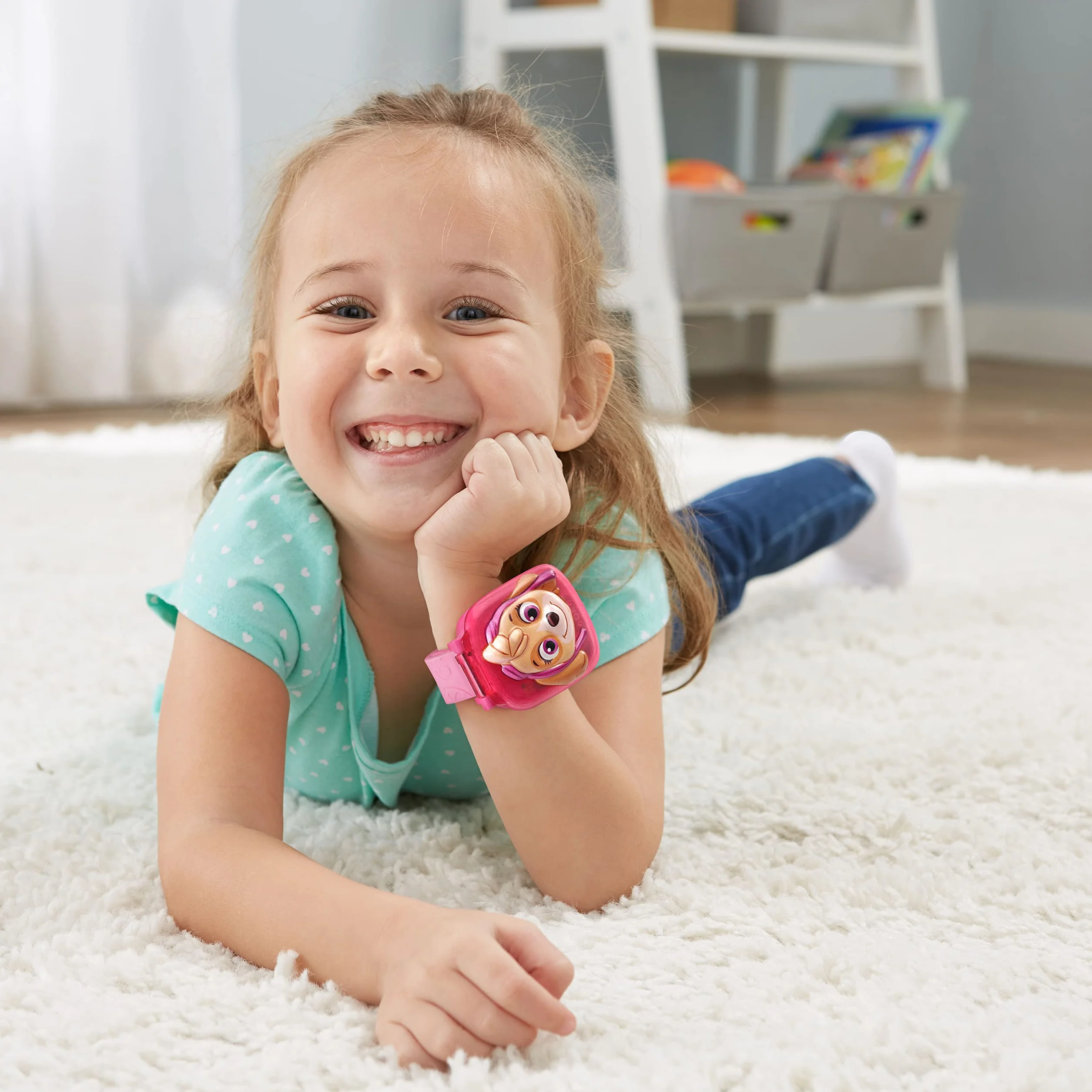 VTech - Psi Patrol, interaktywny zegarek do gier Stelli, zegarek dla dzieci z klapką z animowanym ekranem, miękki pasek, 12 tarczy, 4 gry, prezent dla dzieci w wieku od 3 lat do 7 lat - Zawartość w