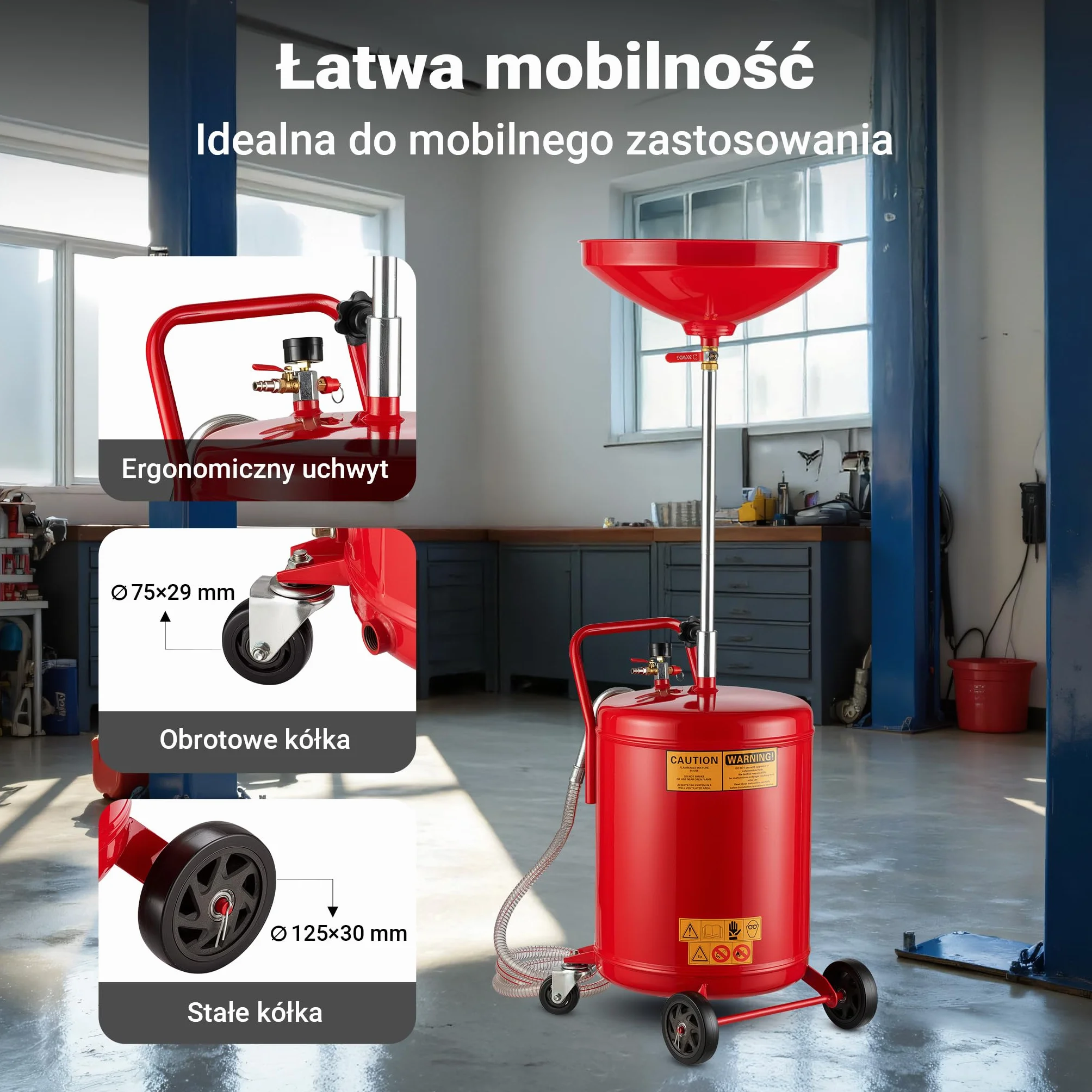 Wiltec Zlewarka do oleju 68 l z regulacją wysokości, wózek olejowy z tacą ociekową