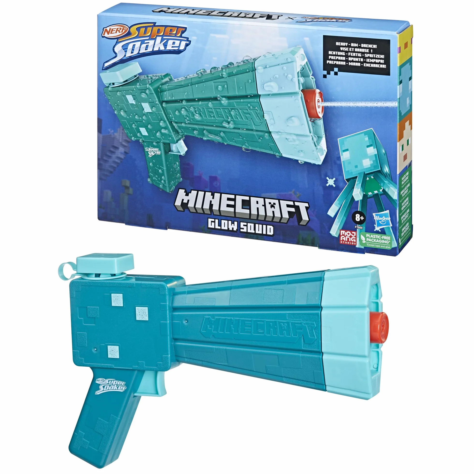 Nerf Super Soaker Minecraft Glow Squid Water Blaster, Minecraft Dungeons Squid Mob Design, zabawka wodna na zewnątrz, gry na świeżym powietrzu dla dzieci