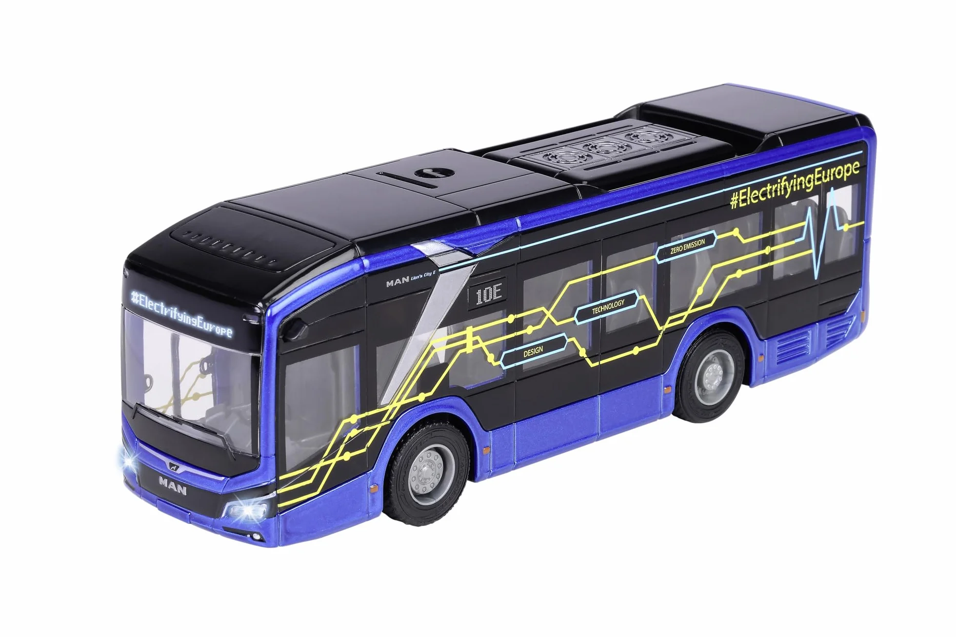 Majorette 213743008 Seria Grand: metalowe, wytrzymałe pojazdy dostępne w większym wydaniu, Autobus MAN Lion z funkcją światła i dźwięku w skali 1:43, długość 22,5 cm, dla dzieci od 3 lat