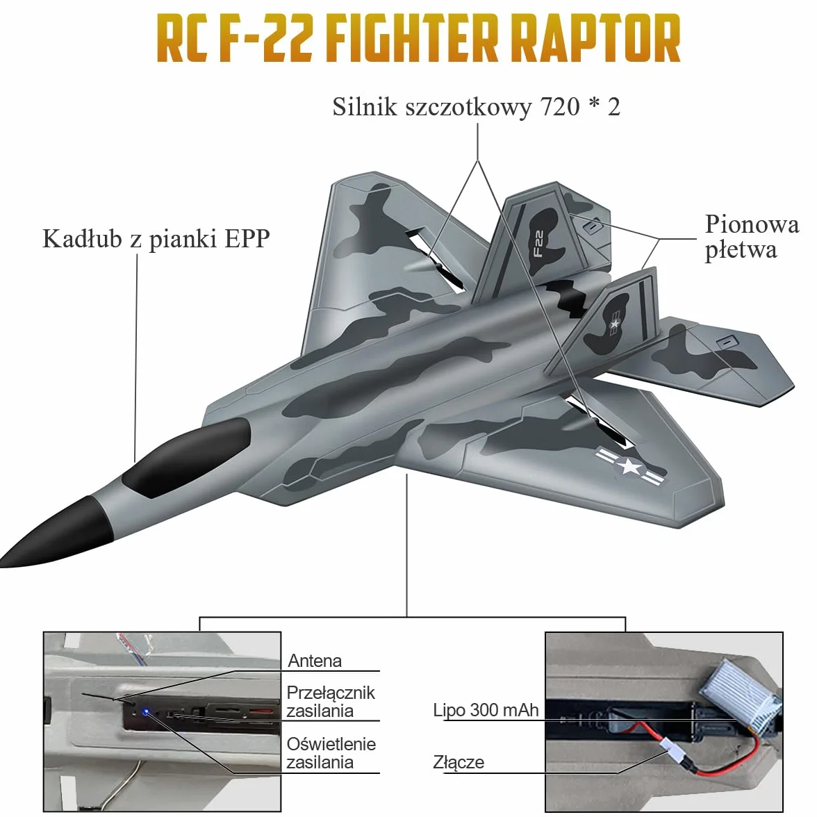 HAWK'S WORK 2-kanałowy Samolot RC, F-22 Samolot Gotowy do Lotu, Pilot 2.4GHz, Łatwy w Pilotażu Lotniowiec RC dla Dzieci i Początkujących
