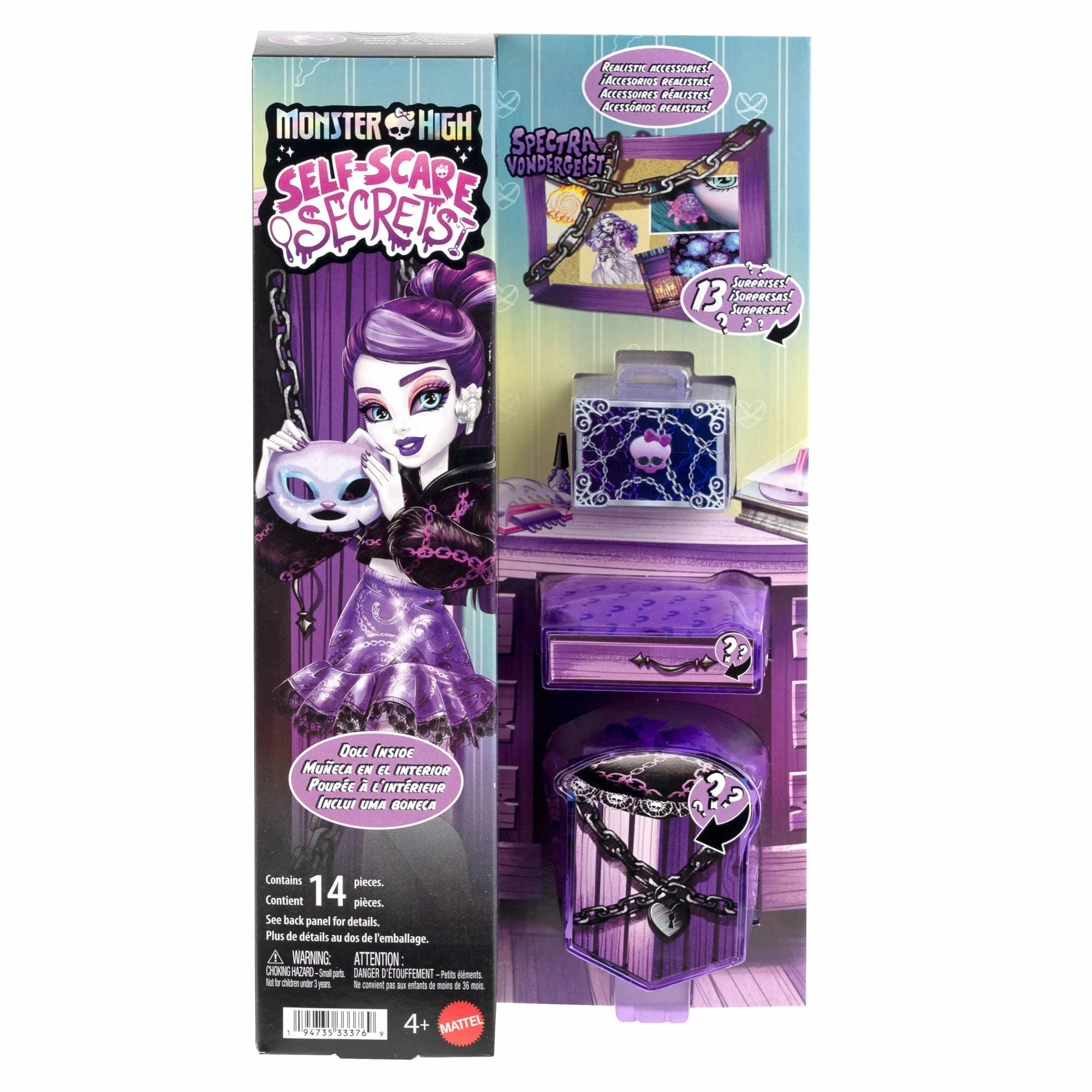 Monster High Straszyrelaks self-care Spectra Vondergeist Zestaw, lalka i akcesoria-niespodzianki, w tym zestaw do „manicure” oraz „gramofon”, zabawka dla dzieci 4+, JHK46