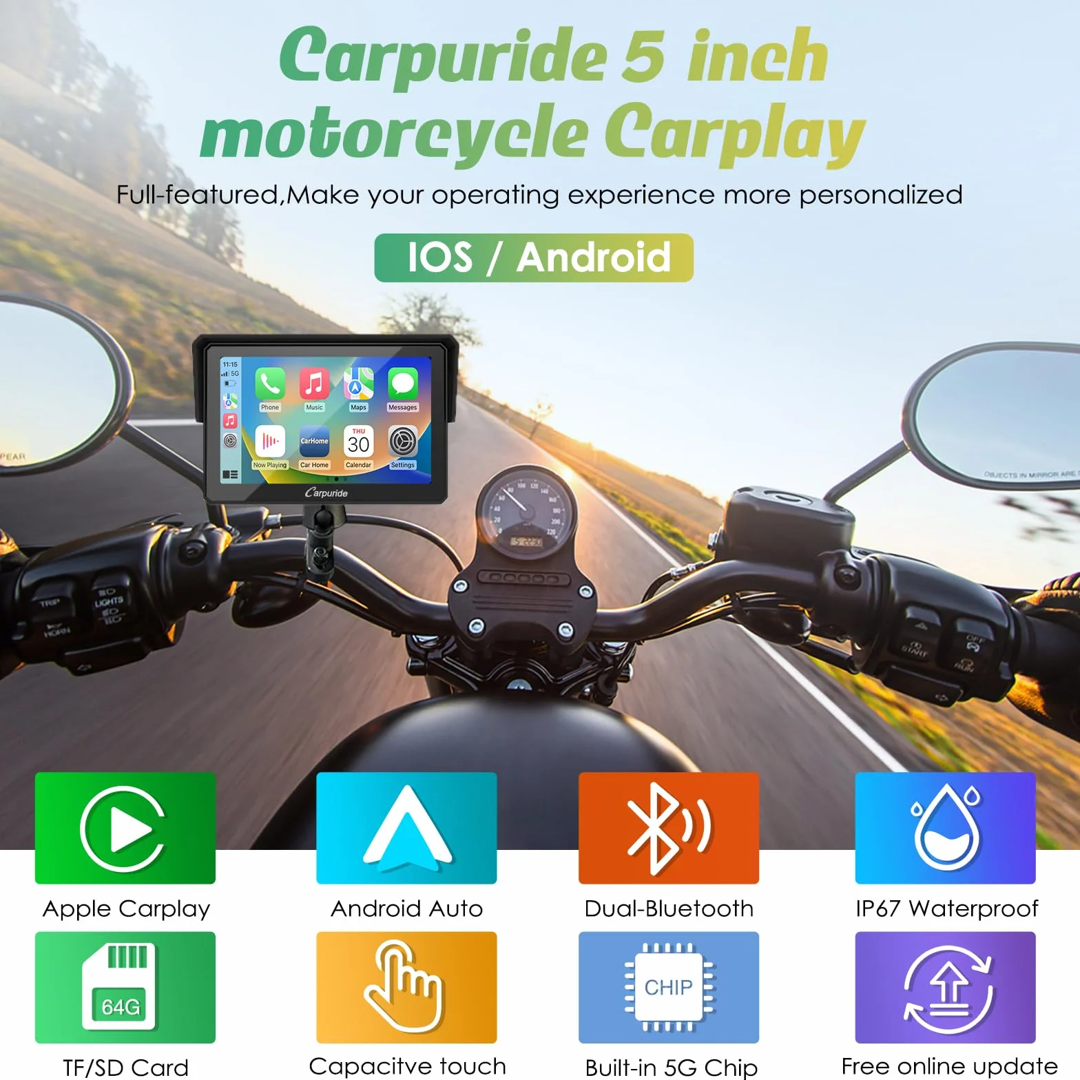 Carpuride W502 Wireless Carplay Android Auto przenośny ekran dotykowy 5 cali nawigacja GPS Bluetooth wodoodporny IP67 motocykl stereo 64GB