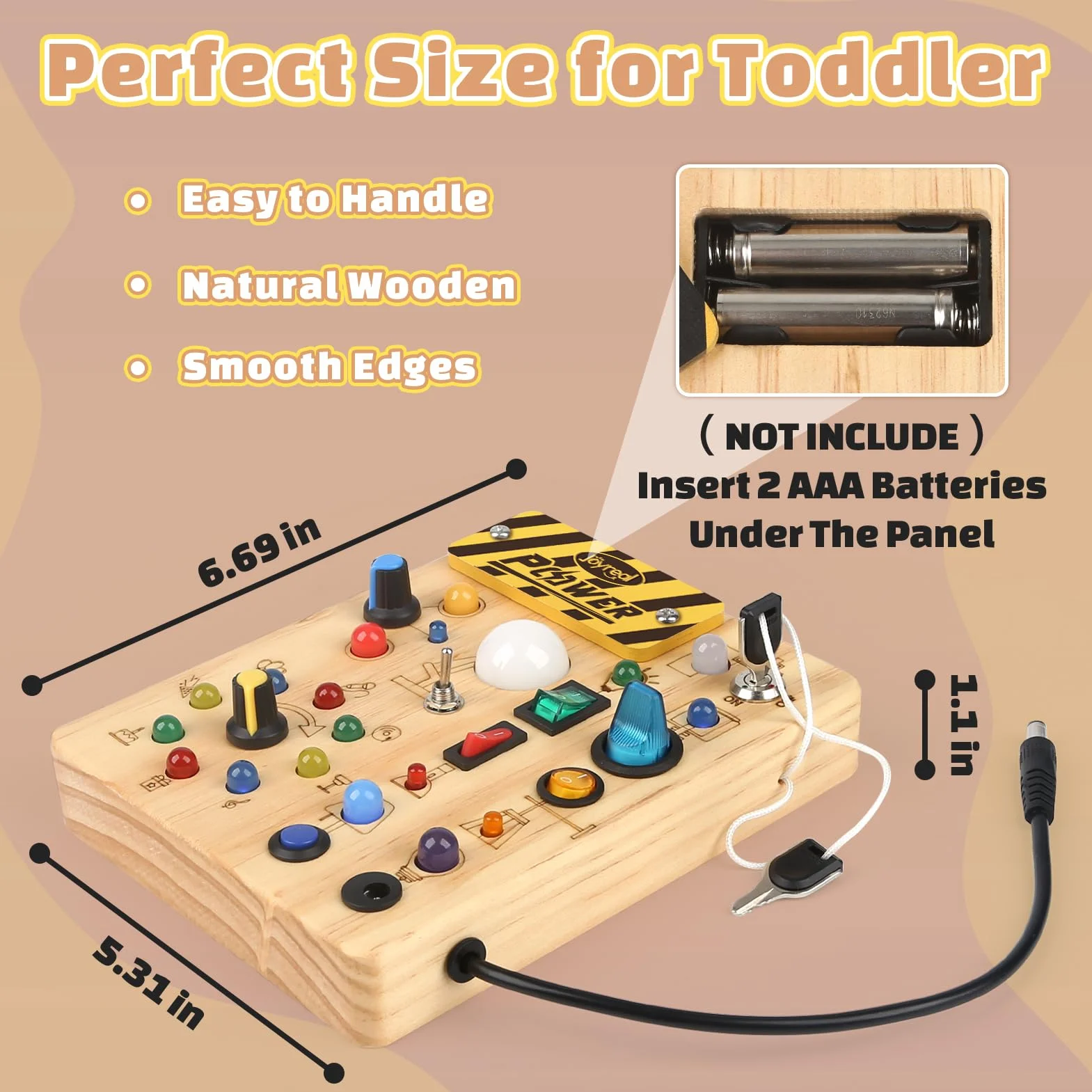 Joyreal Busy Board Baby Montessori zabawka dla dzieci od 1 roku życia, zabawka motoryczna z 19 diodami LED, zabawka sensoryczna, drewniana zabawka edukacyjna, prezent dla chłopców i dziewczynek od 1