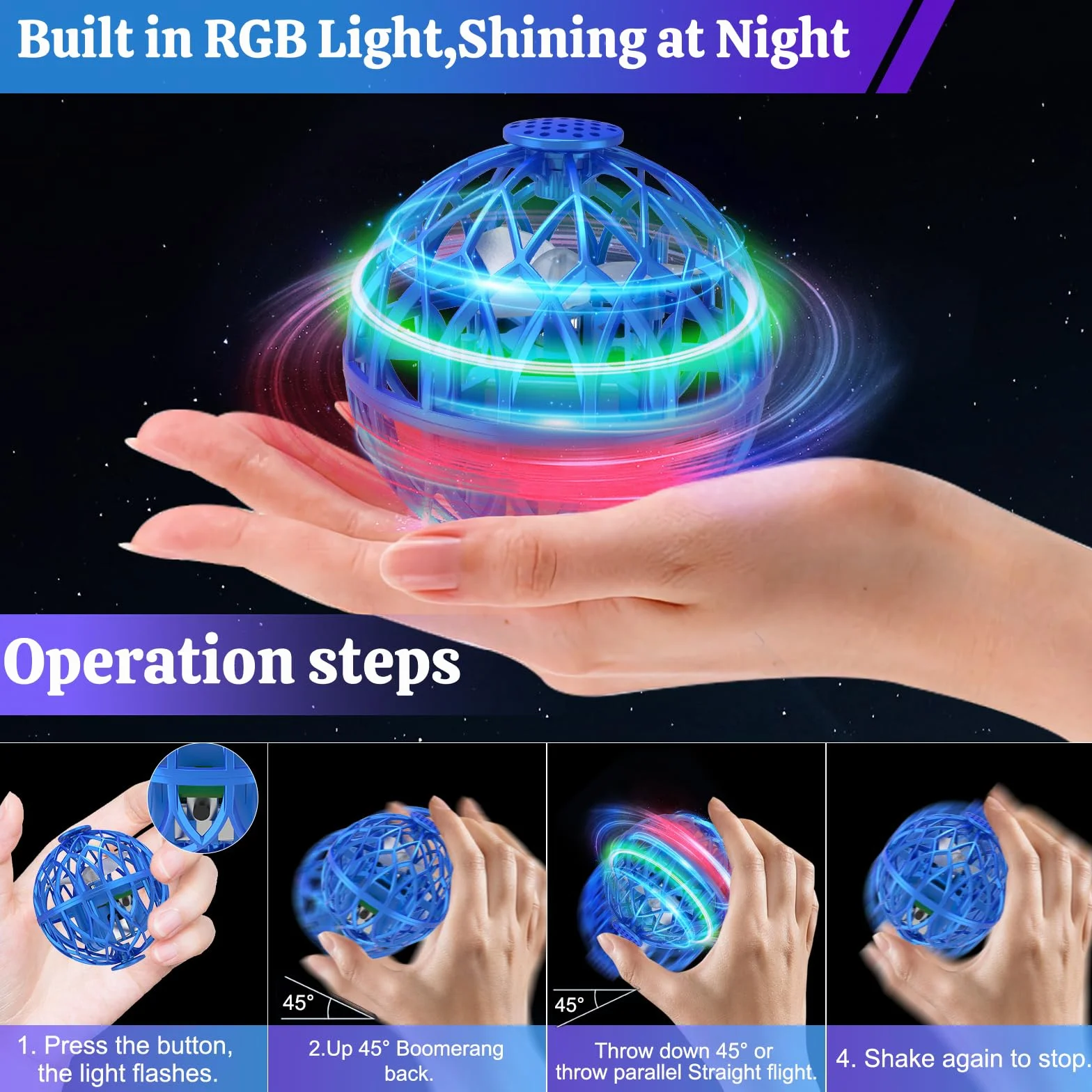 OBEST UFO Mini Drone Enfant,MINI Balle Volante Lumineuse,Hand Spinners LED,Flying Ball Sur La Paume,Toupie Enfant,Boule Volante Lumineus
