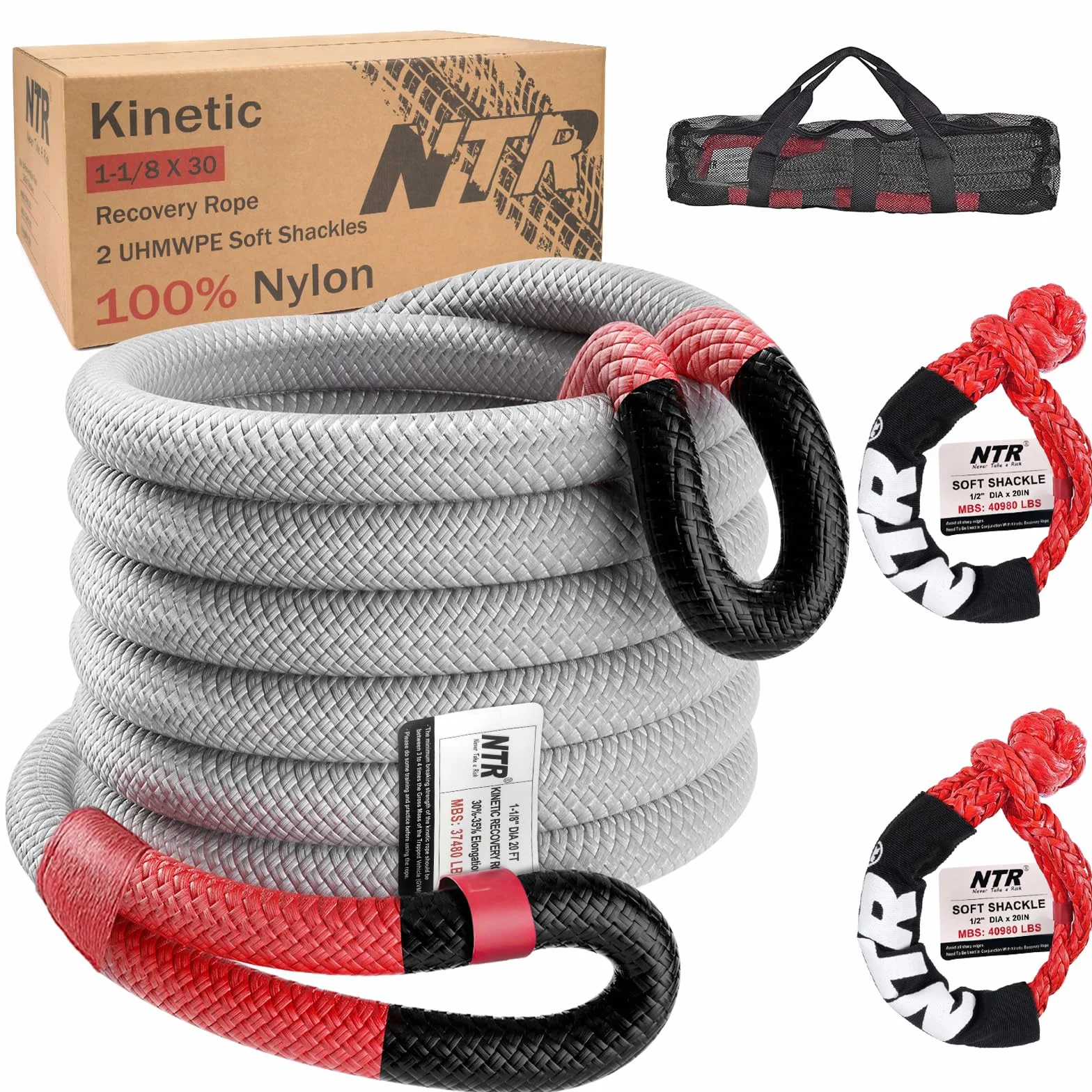 1-1/8" x 30' Kinetic Recovery Tow Rope 37,480lbs with 2 UHMWPE Soft Shackles 40,980lbs Heavy-Duty Offroad Snatch Strap Vehicle Recovery Kit