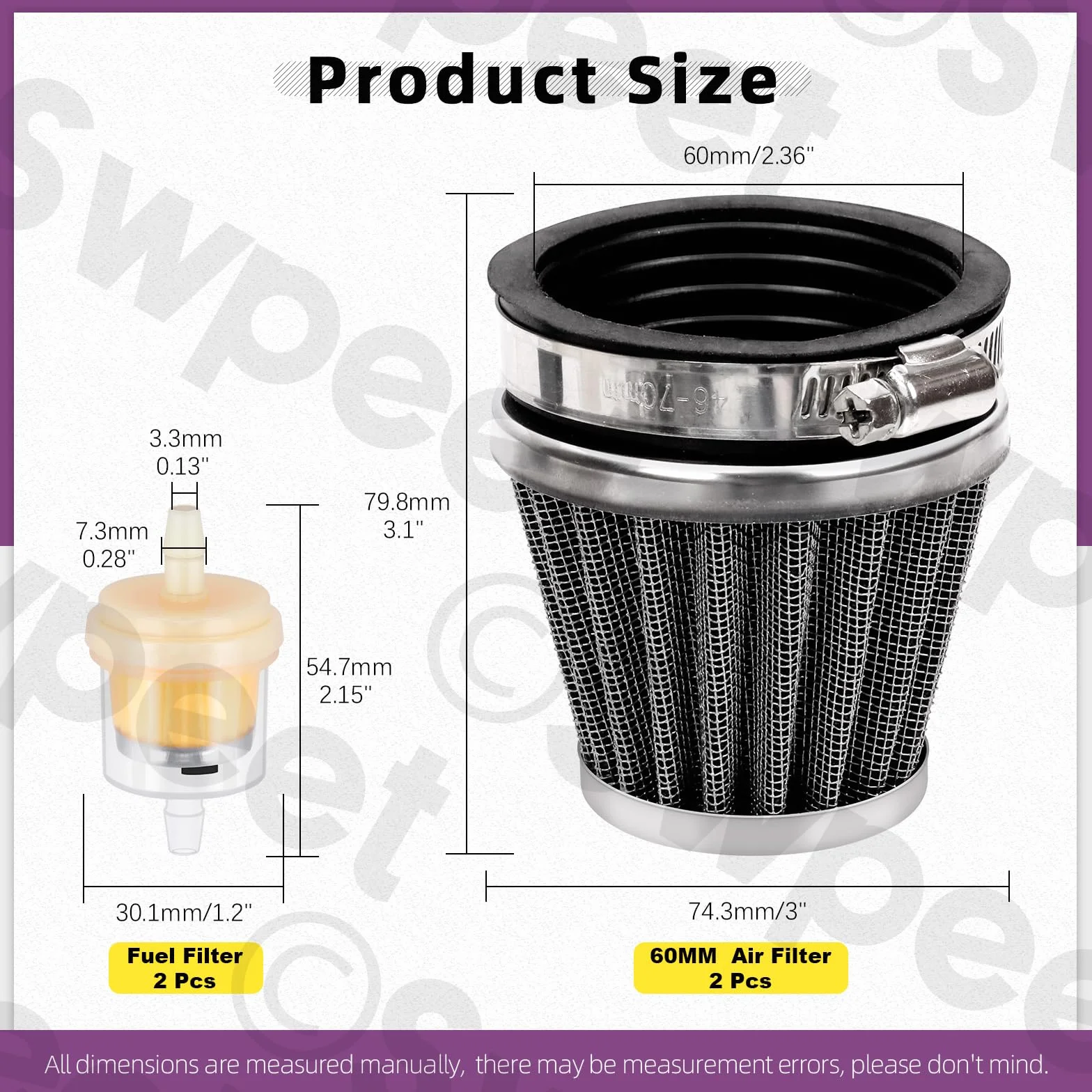 Swpeet Filtr powietrza motocyklowego 60 mm z 2 szt. wymiennych filtrów paliwa, uniwersalny stożkowy odkurzacz wlotowy, zamiennik do 50 cm³, 110 cm³, 125 cm³, 150 cm³, 200 cm³, ATV, Dirt Bike, Scooter