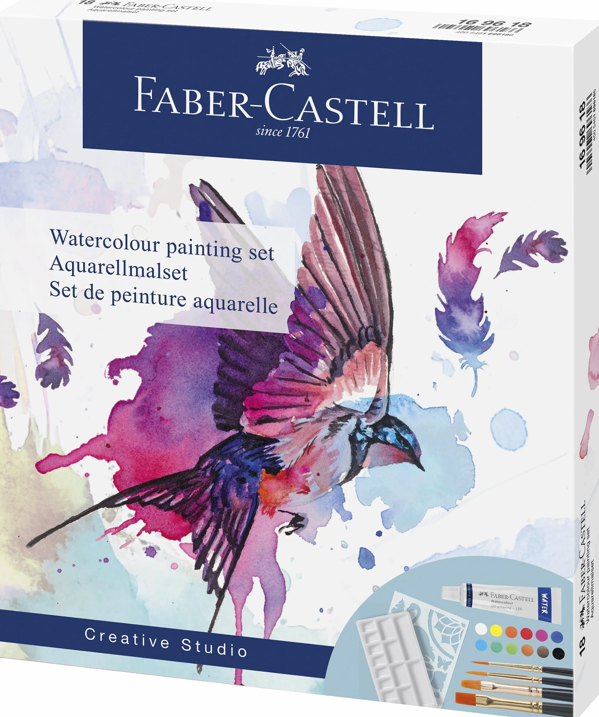 Faber-Castell 169618 – 18-częściowy zestaw farb akwarelowych, 12 tubek farby, 4 pędzle akwarelowe, paleta do mieszania i szablon