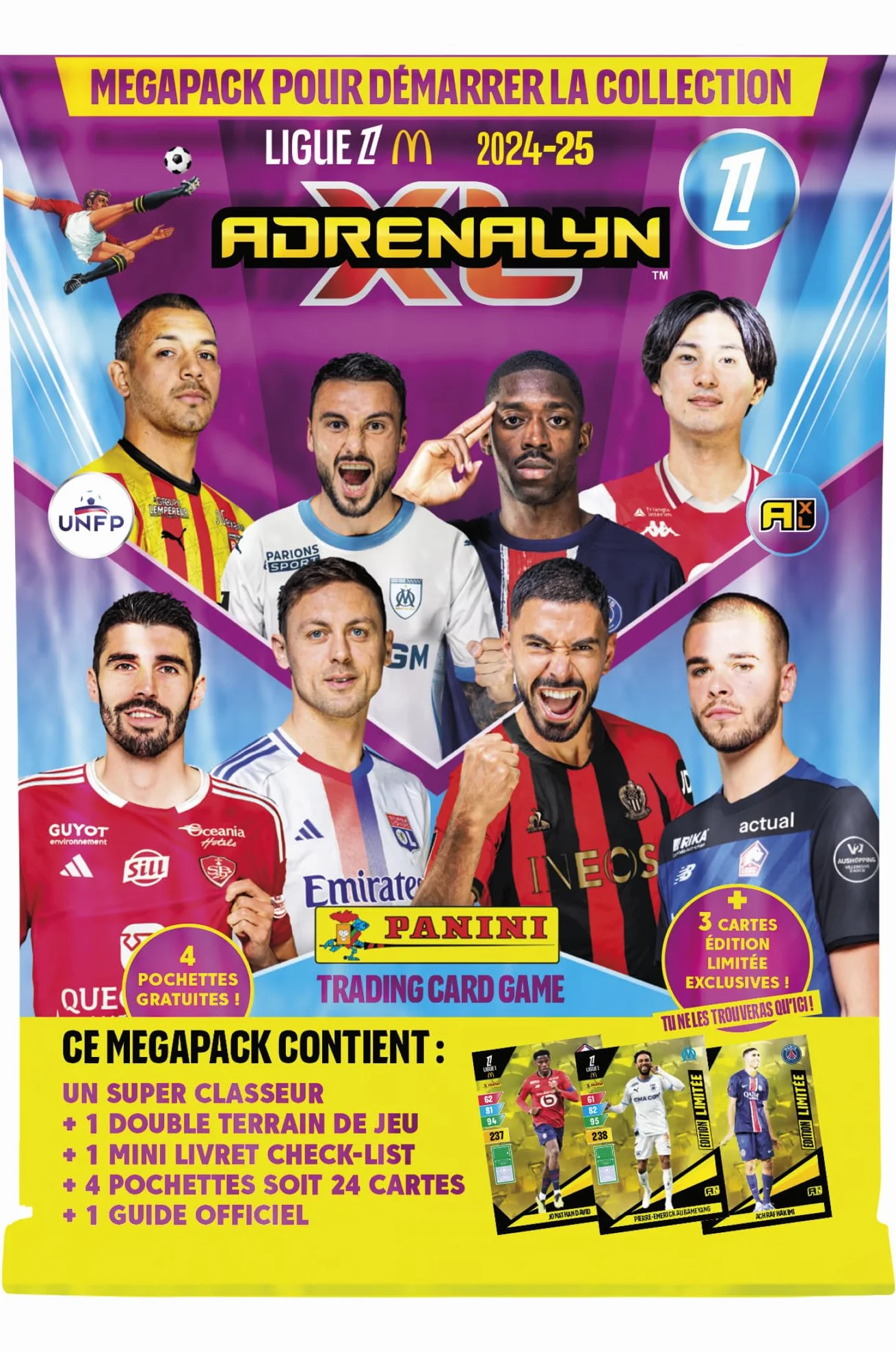 Panini ADRENALYN Ligue 1 McDonald's 2024-2025 Trading Cards Game Starter Pack (1 segregator + 4 kieszenie + 3 karty z limitowanej edycji + lista kontrolna + gameboard + oficjalny przewodnik),