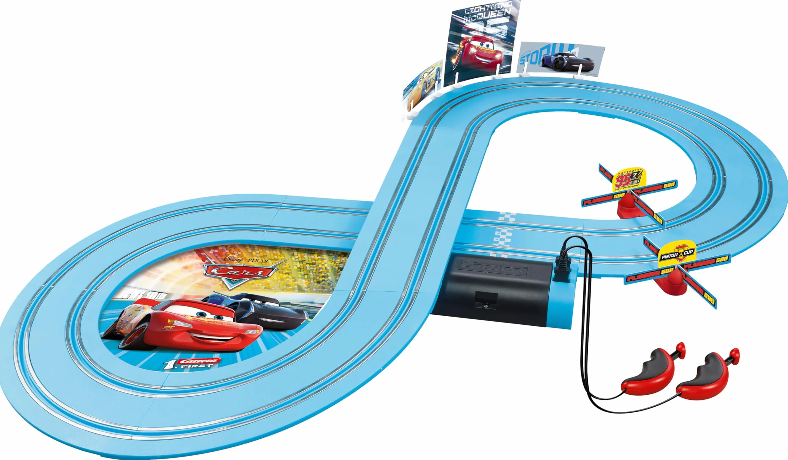 Carrera 20063038 Carrera First Disney Pixar Auta - mocne starcie tor wyścigowy 2,4 m 2 zdalnie sterowane samochody z Zygzakiem McQueenem oraz Jacksonem Sztormem prezenty na Wielkanoc